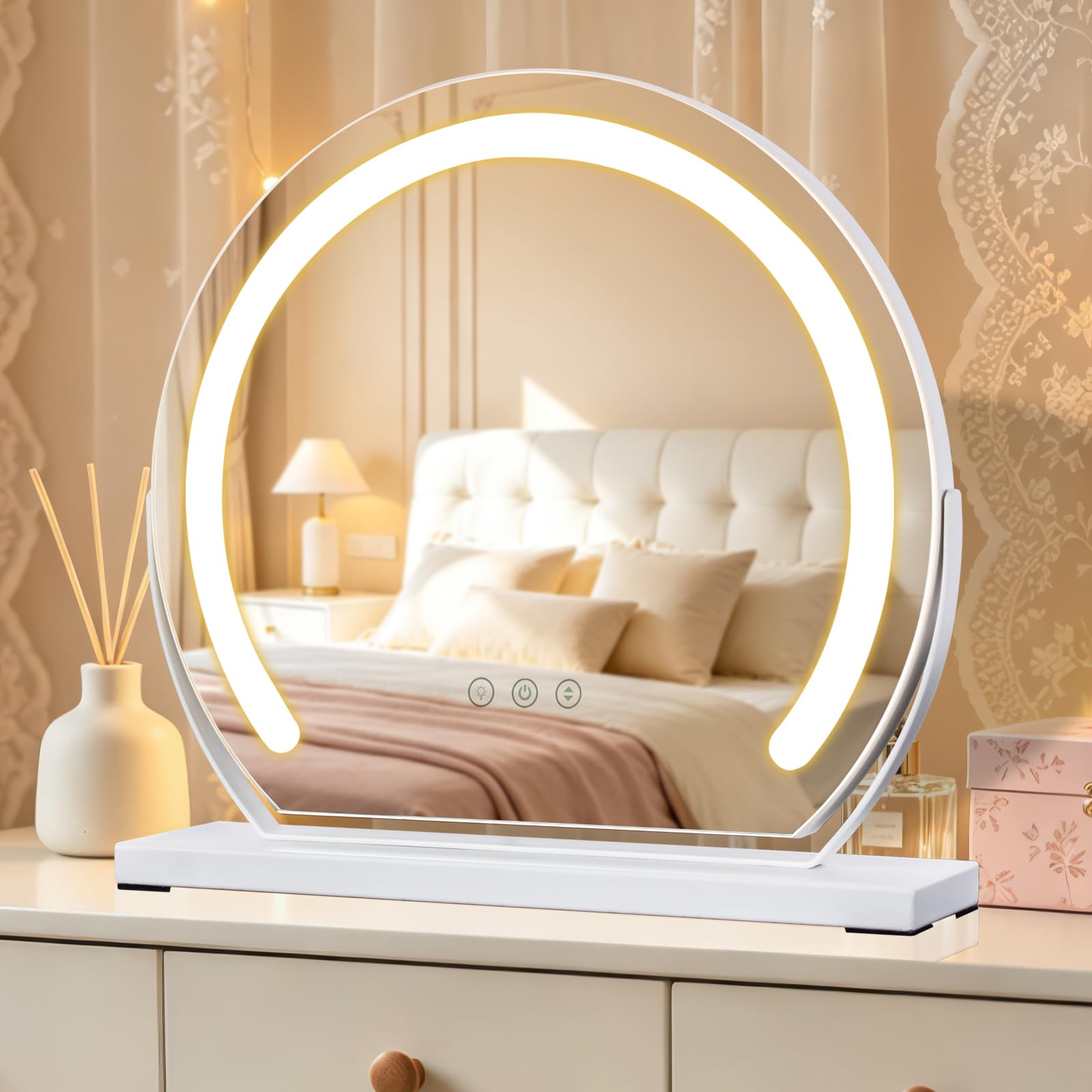 MantoLite Lusterko kosmetyczne 40 cm, lustro do makijażu z oświetleniem, 3 temperatury barwowej, regulowane lustro kosmetyczne z oświetleniem, obracane o 360°, do sypialni, kolor biały