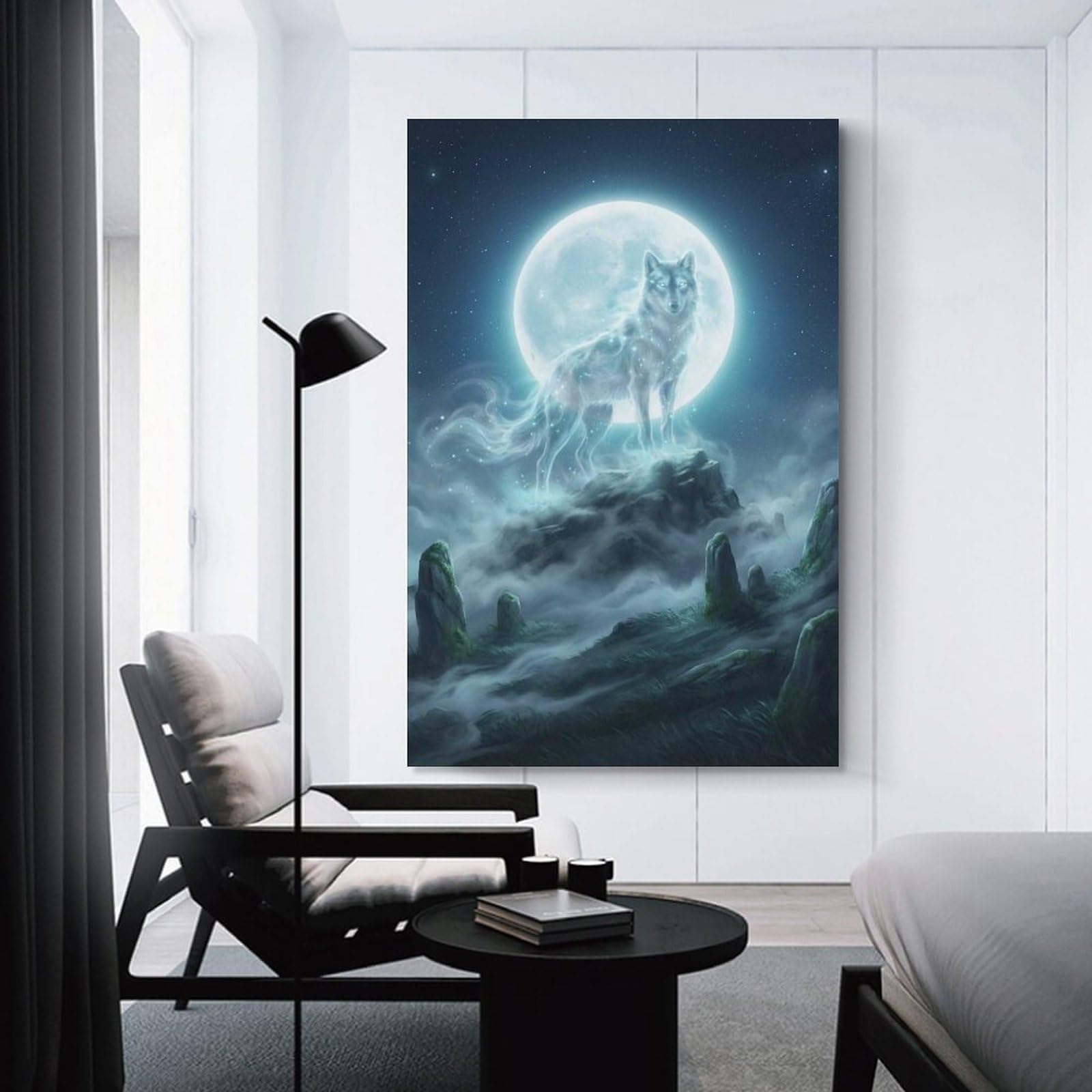 Junmoney Hanging Wall Art Spirit Wolf Under The Moon, 24x36inch(60x90cm), for Wall Displays, Bedrooms Or Room Updates, Decorative Artwork with Flexible Styling