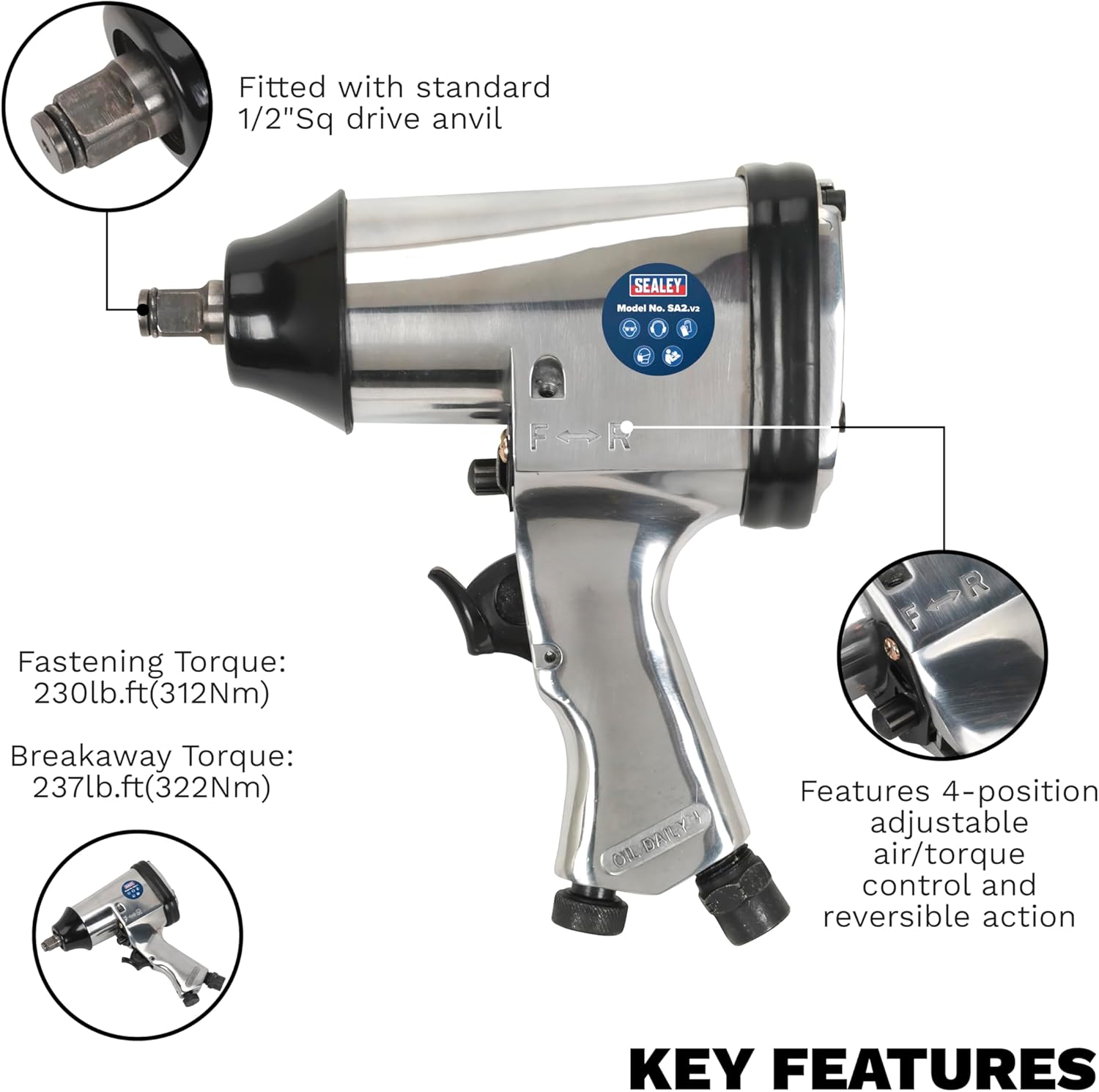 Sealey SA2 Air Impact Wrench негизги өзгөчөлүктөрү диаграммасы