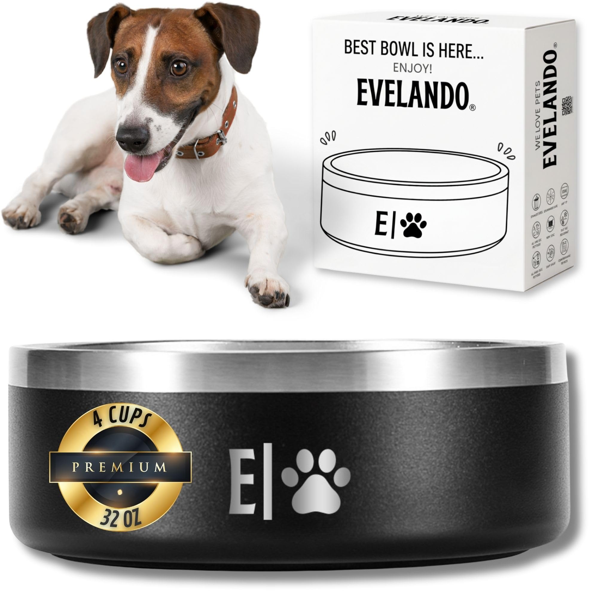 EVELANDO® 32 oz - 4 Cups Stainless Steel Dog Bowls – Triple-Insulated Pet Dish Keeps Water Cold & Food Warm – BPA-Free, Non-Slip Base – Durable &