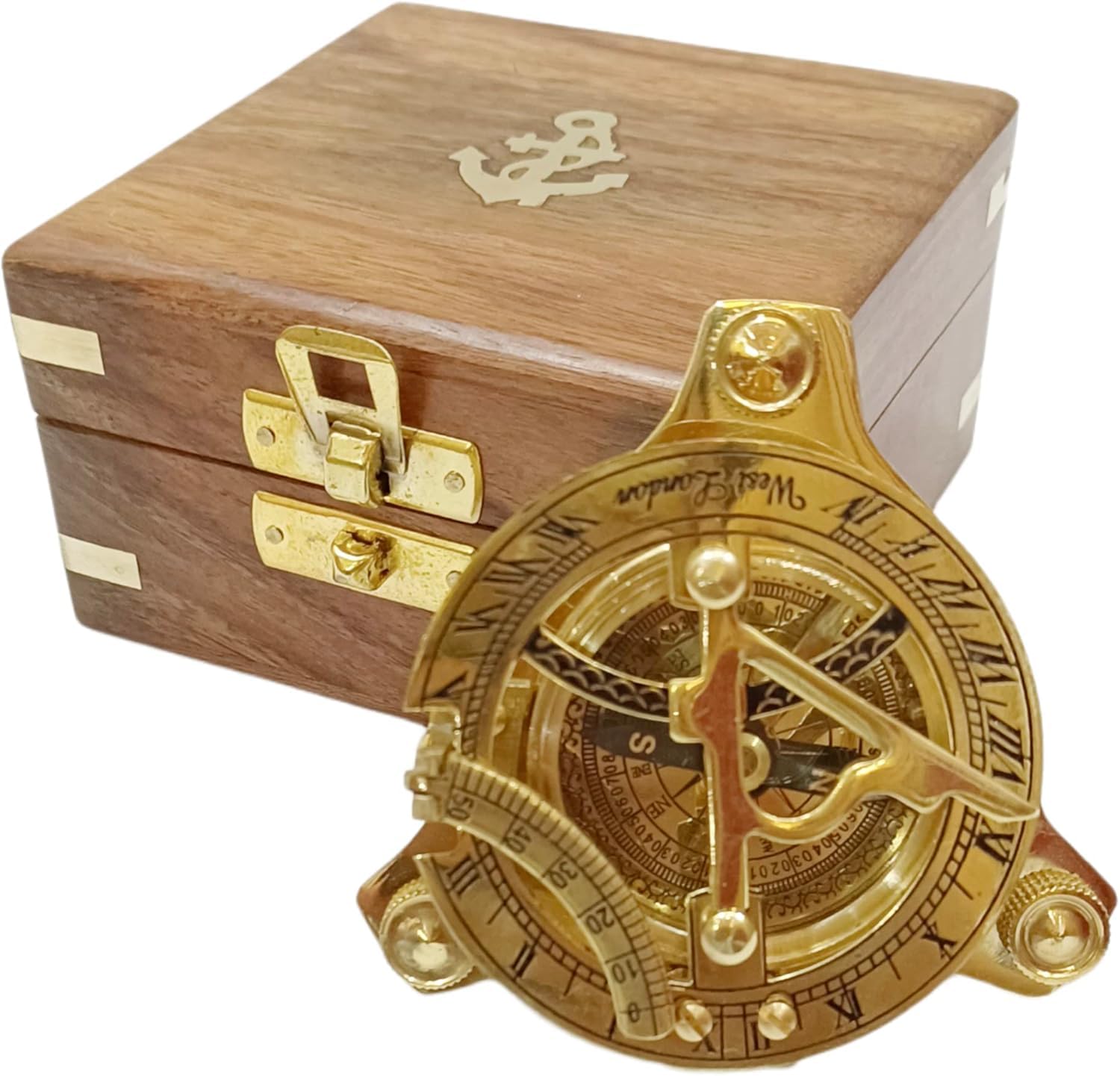 Sundial Compass with Rose Wood Box with Solid Brass Rustic Vintage Home Decor Gifts