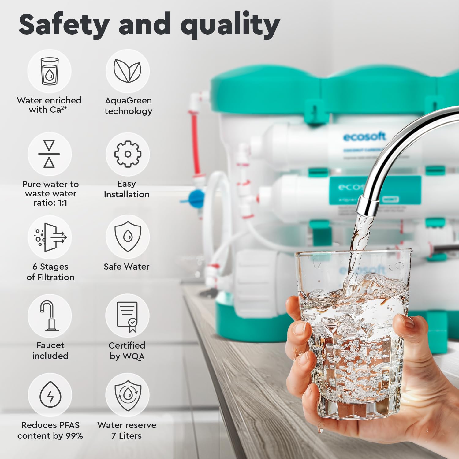 Ecosoft P'URE AquaCalcium Mint Filtre à osmose inverse pour la maison, filtre 99 | 8 purcent des polluants de l'eau | minéralise l'eau potable avec du calcium | avec réservoir d'eau
