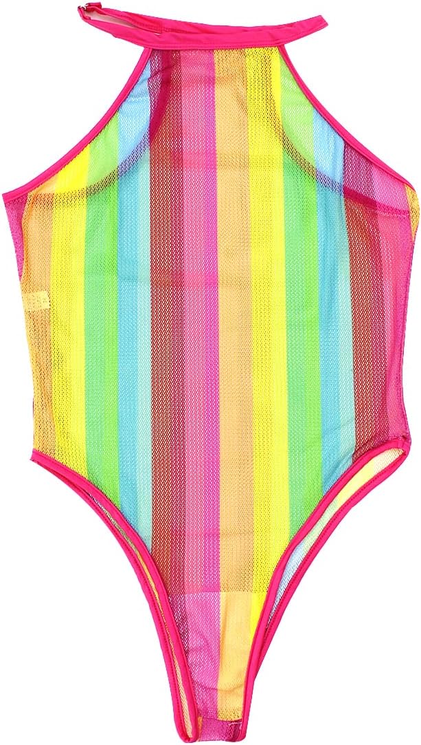 Women Rave Rainbow Striped Push Up Swimsuit Bikini See Through Mesh Bodysuit Beachwear for Dance Festivals