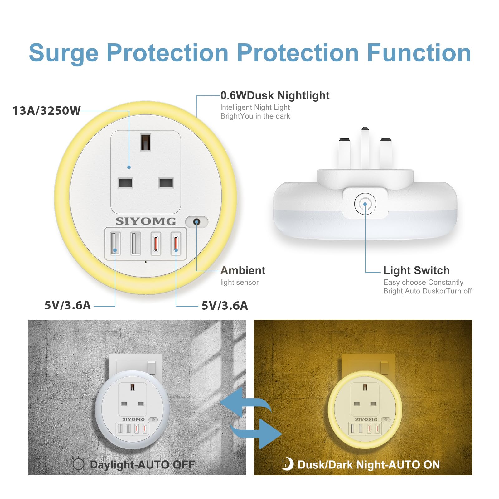 SIYOMG LED Night Light Plug-in Wall with 4 USB Ports and 1 Outlet, Smart Dusk to Dawn Sensor - Image 3