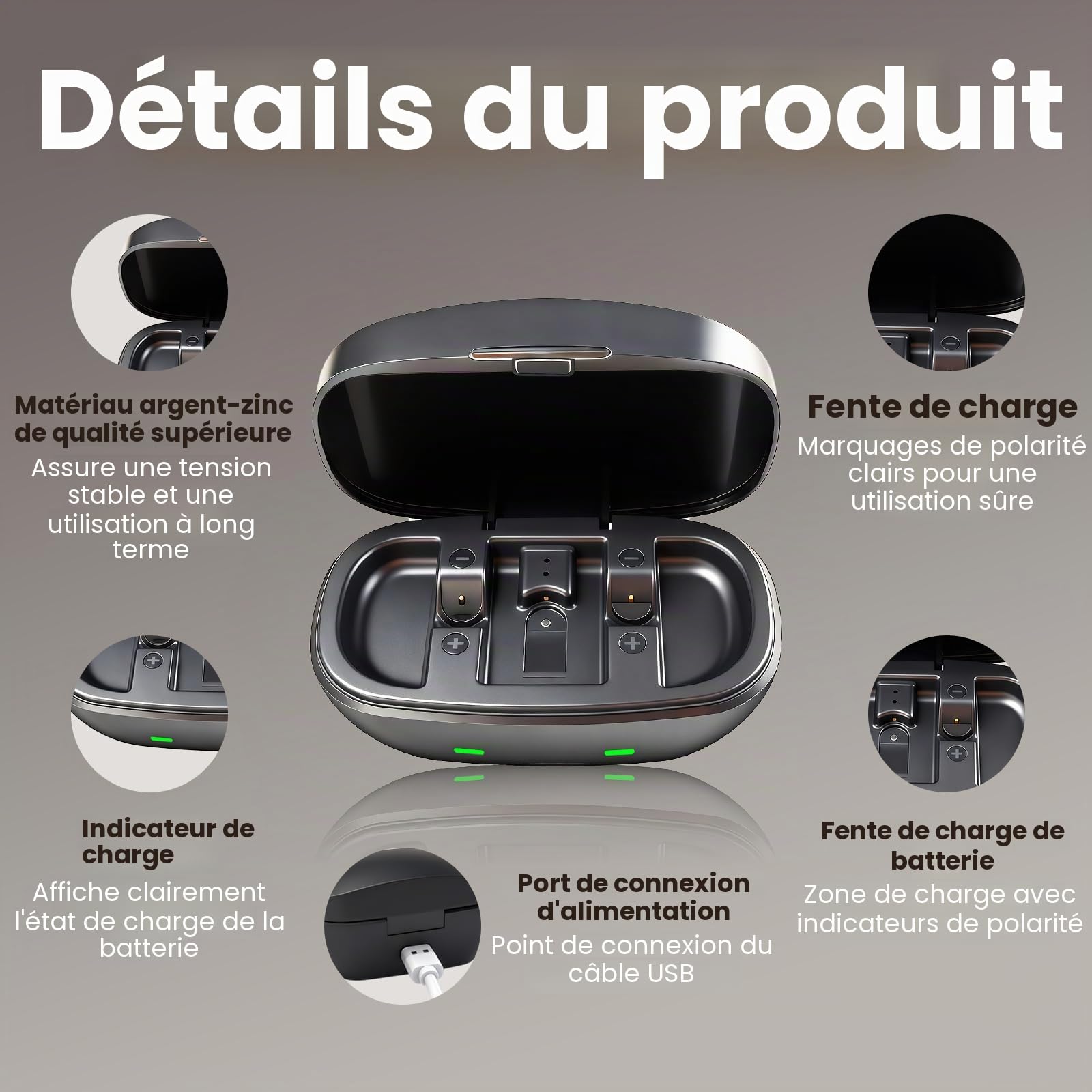 Batteries rechargeables 312 pour appareils auditifs et chargeur USB-C avec 4 cellules, alimentation longue durée pour appareils auditifs Bluetooth et non Bluetooth, étui compact portable