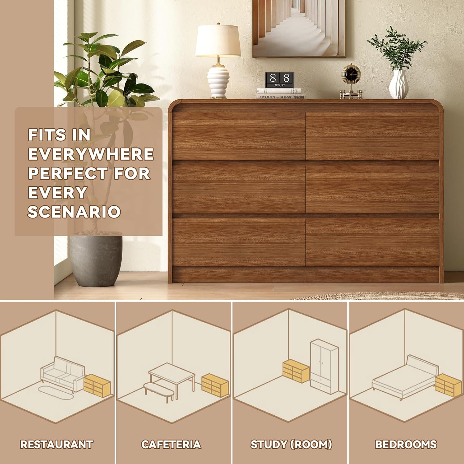 6 Drawer Dresser For Bedroom 47 Inch Wood Chest of Drawers - Curved Anti Collision, Mid Century Dresser For Closet with Natural Texture & Pre-Embedded Slots for TV Stand, Living Room, Nursery