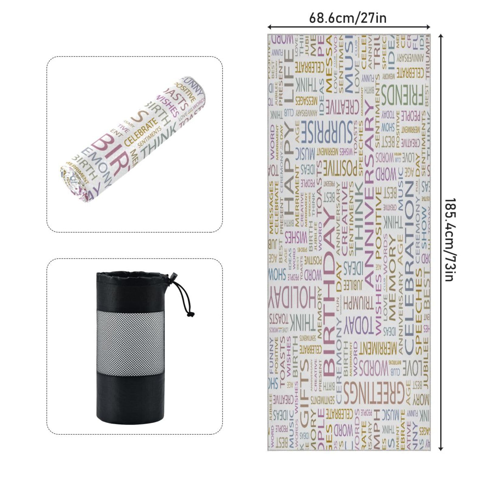 pnyoin Birthday Word Cloud Yoga Towel,Hot Yoga Mat Towel with Grip Dots Sweat Absorbent Non-Slip for Hot Yoga, 24
