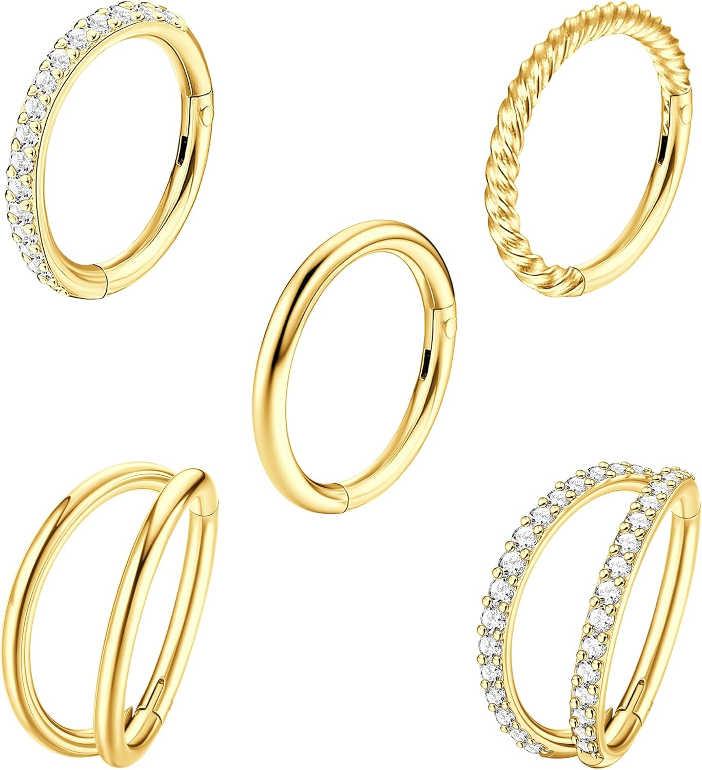 CASSIECA 5Pcs 18G 16G Surgical Steel Nose Rings Hoop for Women CZ Clicker Hinged Septum Ring Lip Helix Cartilage Double Hoop Earring Daith Rook Conch Body Piercing Jewelry for Women 8mm 10mm