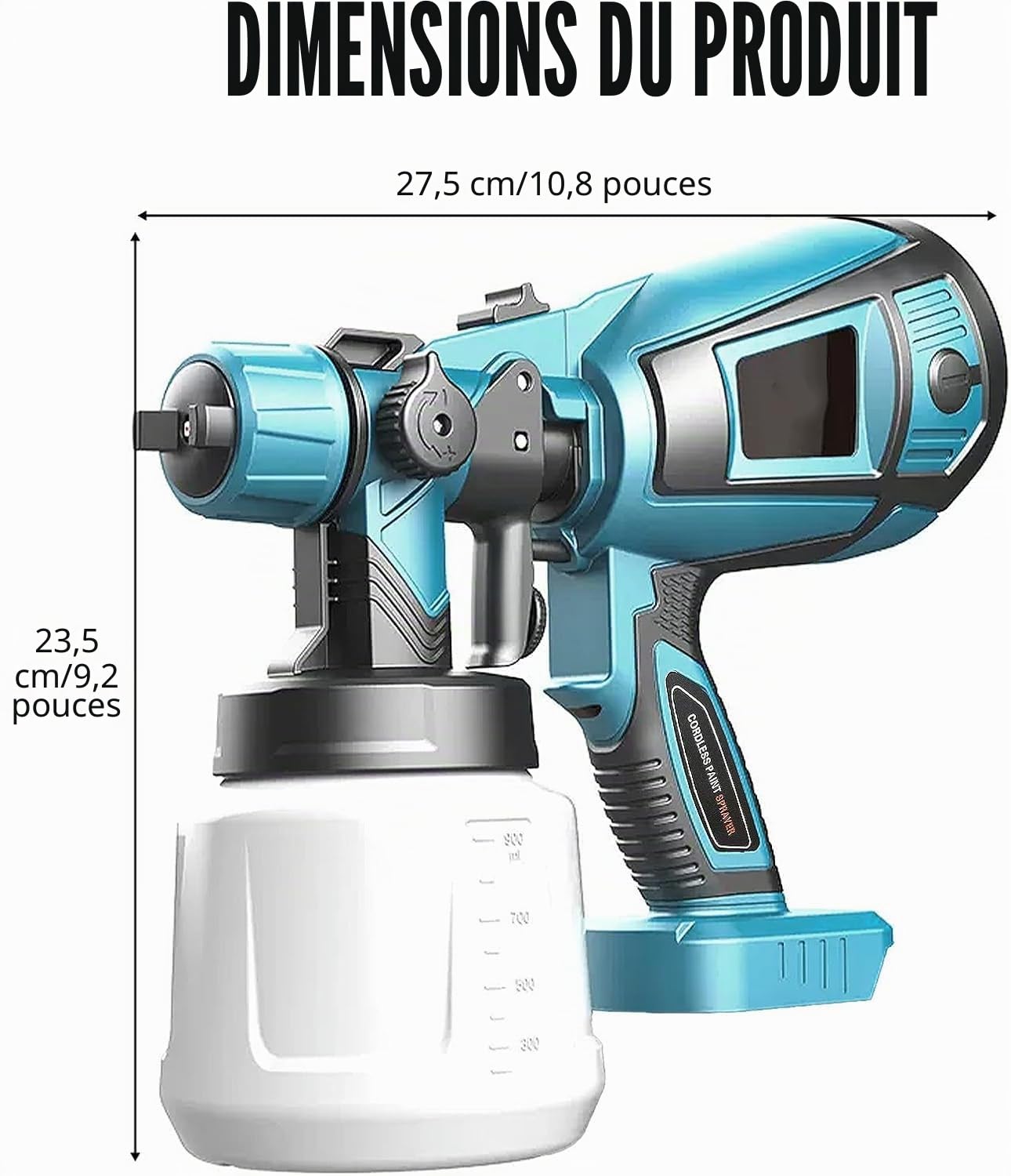 Pistolet à Peinture sans Fil avec 2 Batteries de 3000 mAh et Chargeur, récipient de 1000 ML, 3 Buses (1,0/1,8/2,5 mm), buse et Aiguille en cuivre, récipient en PVC Durable – pour Murs, Portes, Bois