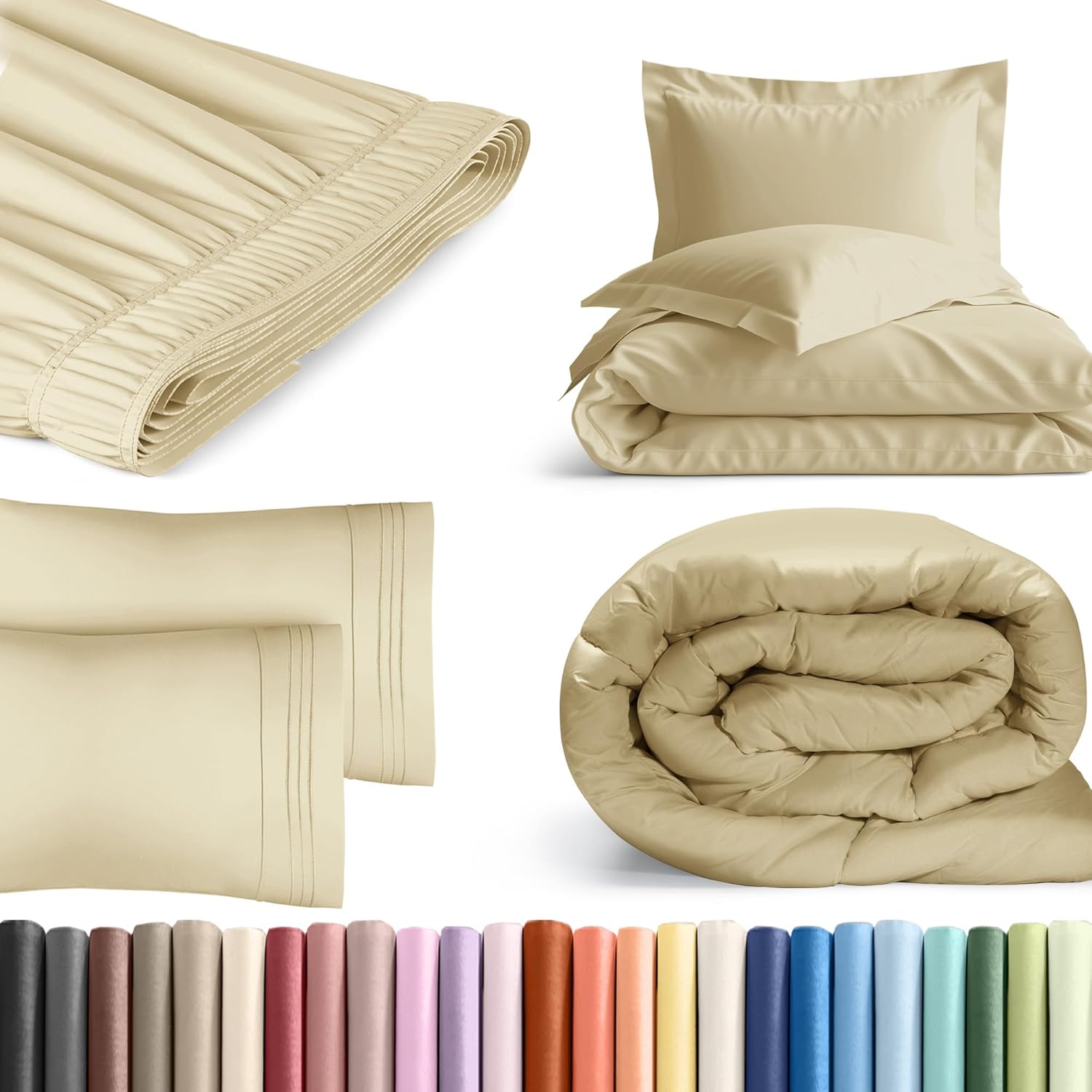 Wrap Around Dust Ruffle Bed Skirt, Comforter, Duvet Cover and 2 Pillowcases Bundle - Beige - for King Size Beds with 21 Inch Drop - Adjustable Pleated Bedskirt Fabric - For Women, Men, Kids & Teensv