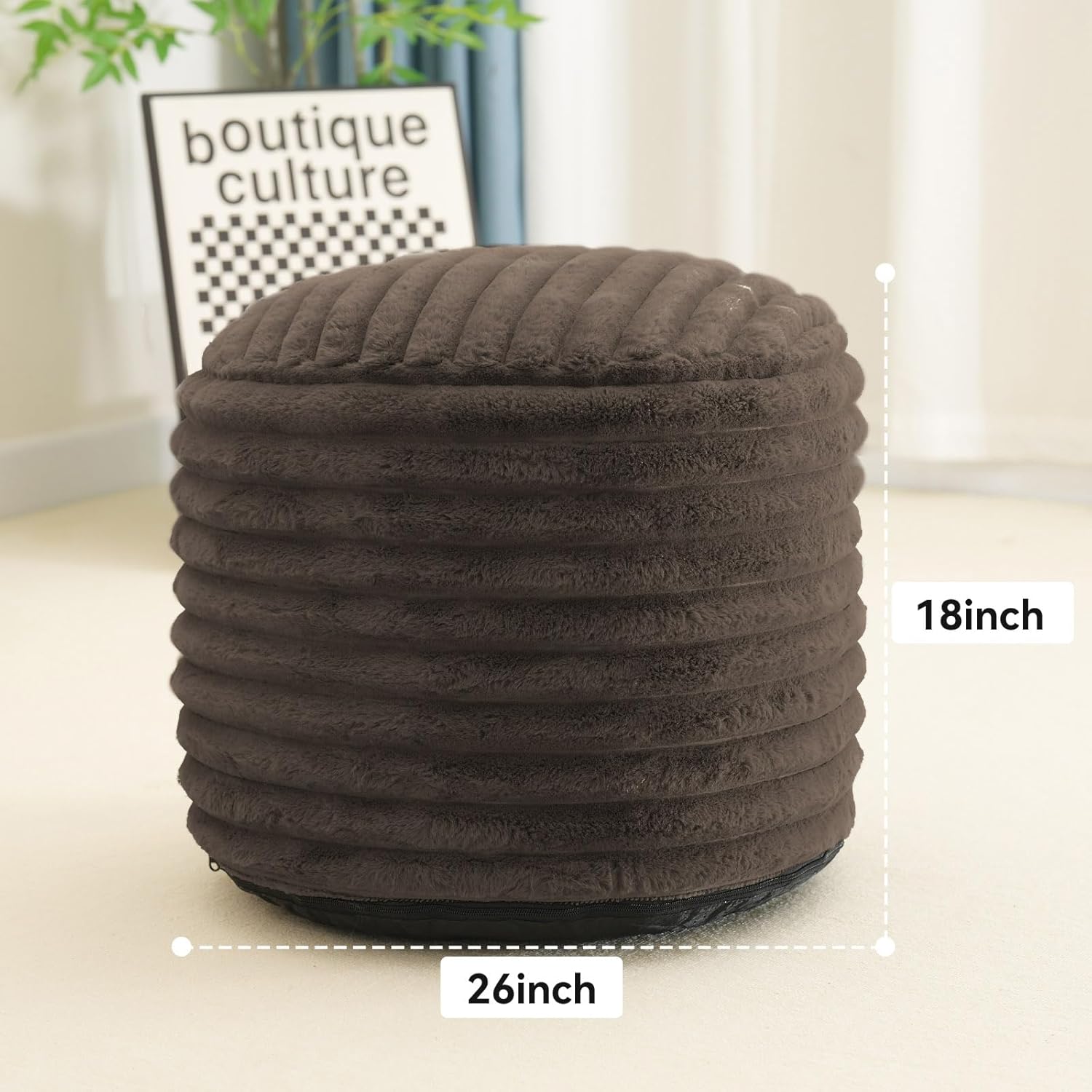 Pouf Ottoman Stuffed Round for Foot Rest, Faux Fur Poufs with Foam Chunk Filling, Storage Ottoman Pouf Foot Stool Cushion, 26 X 18 Inch Floor Chair for Living Room Bedroom Home Decor, Brown