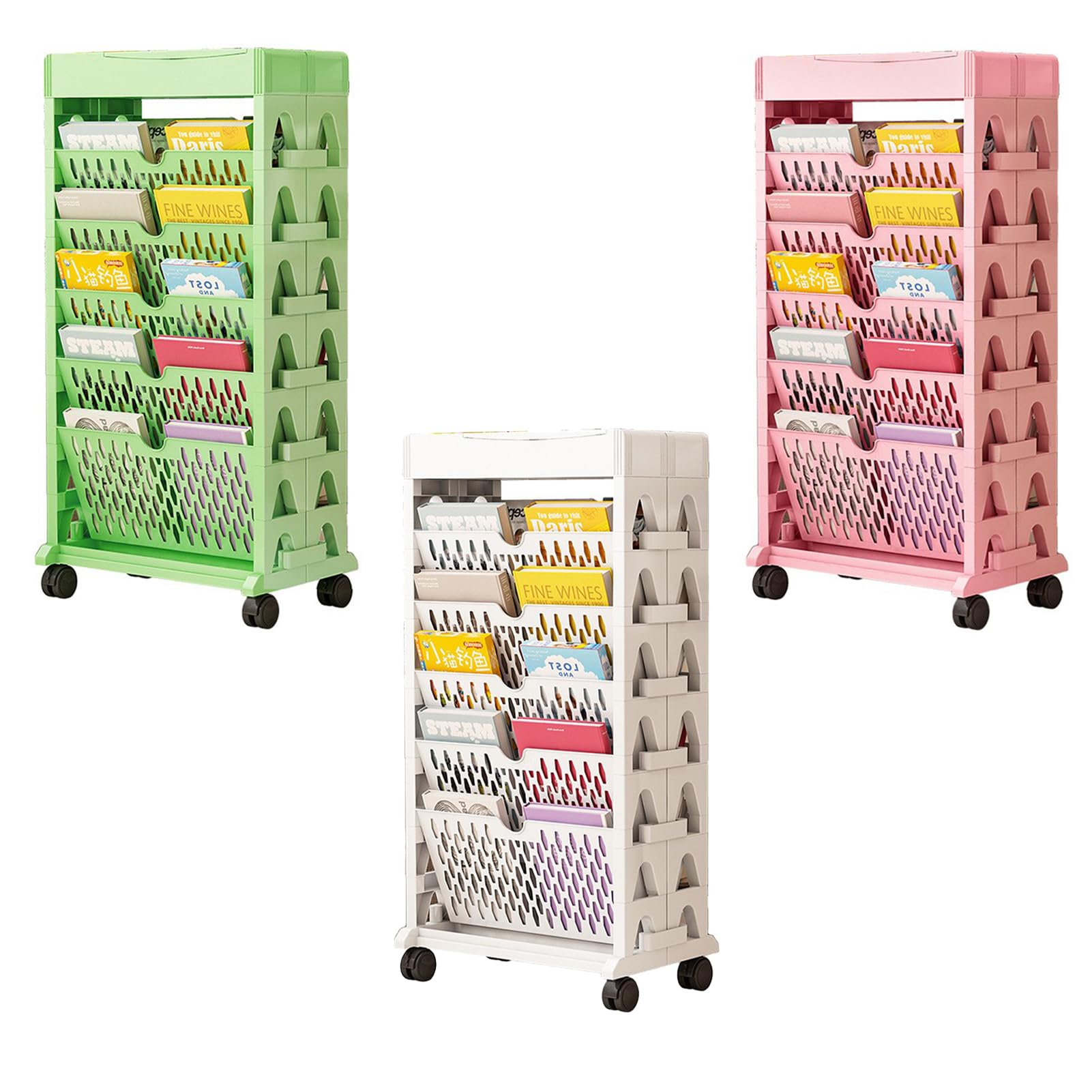 Blanketswarm Rollbarer Bücherwagen mit 5 Etagen, Mobiles Bücherregal, Bewegliches Bücherregal, Rollendes Bücherregal, Organizer, Bücherwagen, Schmaler Rollender Aufbewahrungswagen für Büro,(Grün)
