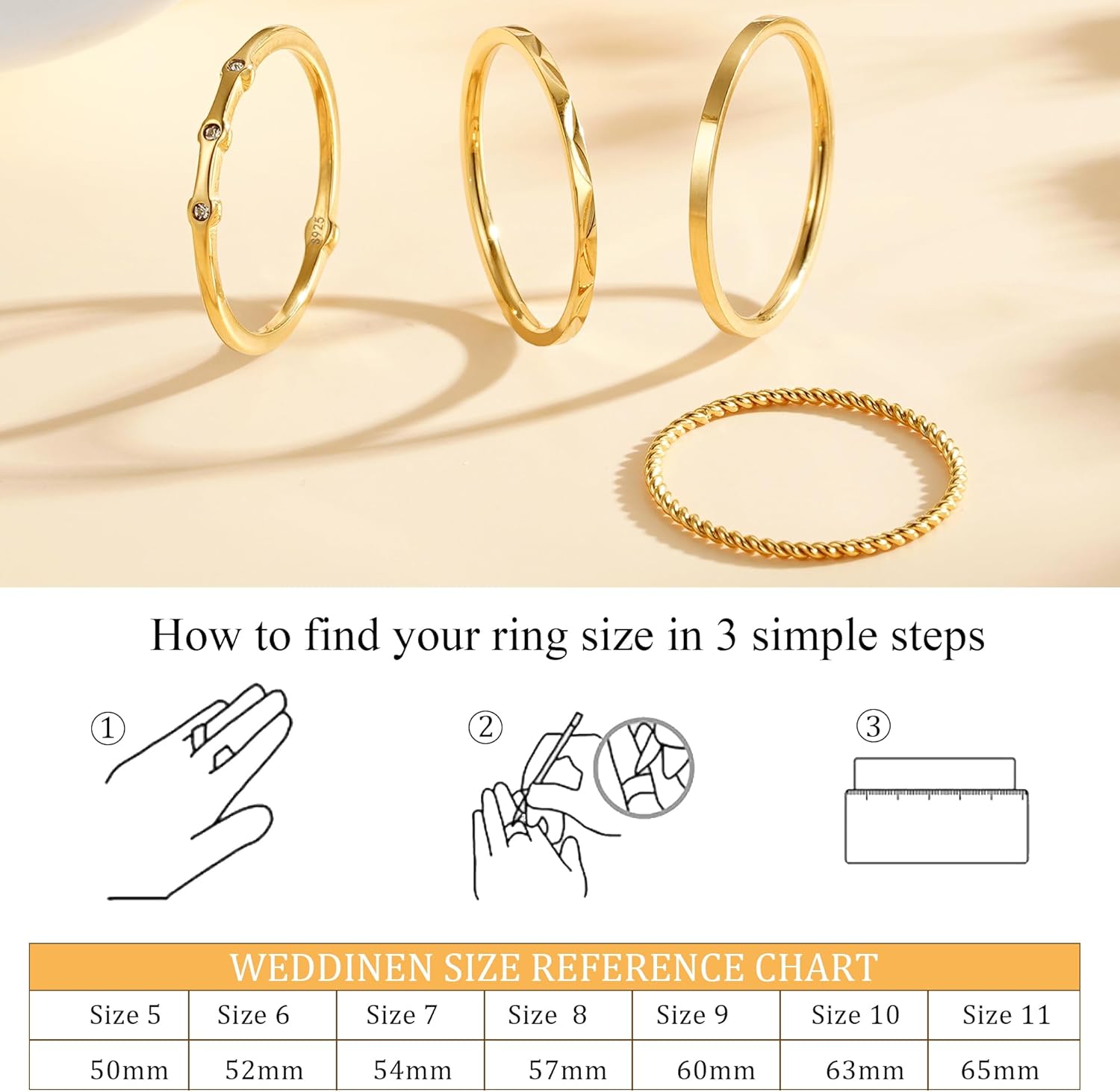 WEDDINEN S925 Sterling Silver Gold Rings for Women Non Tarnish, 4PC Stackable 18K Gold Plated Thin Thumb Ring Set Cubic Zirconia Dainty Stack Gold Knuckle Rings Set Size 6-10 - Image 4