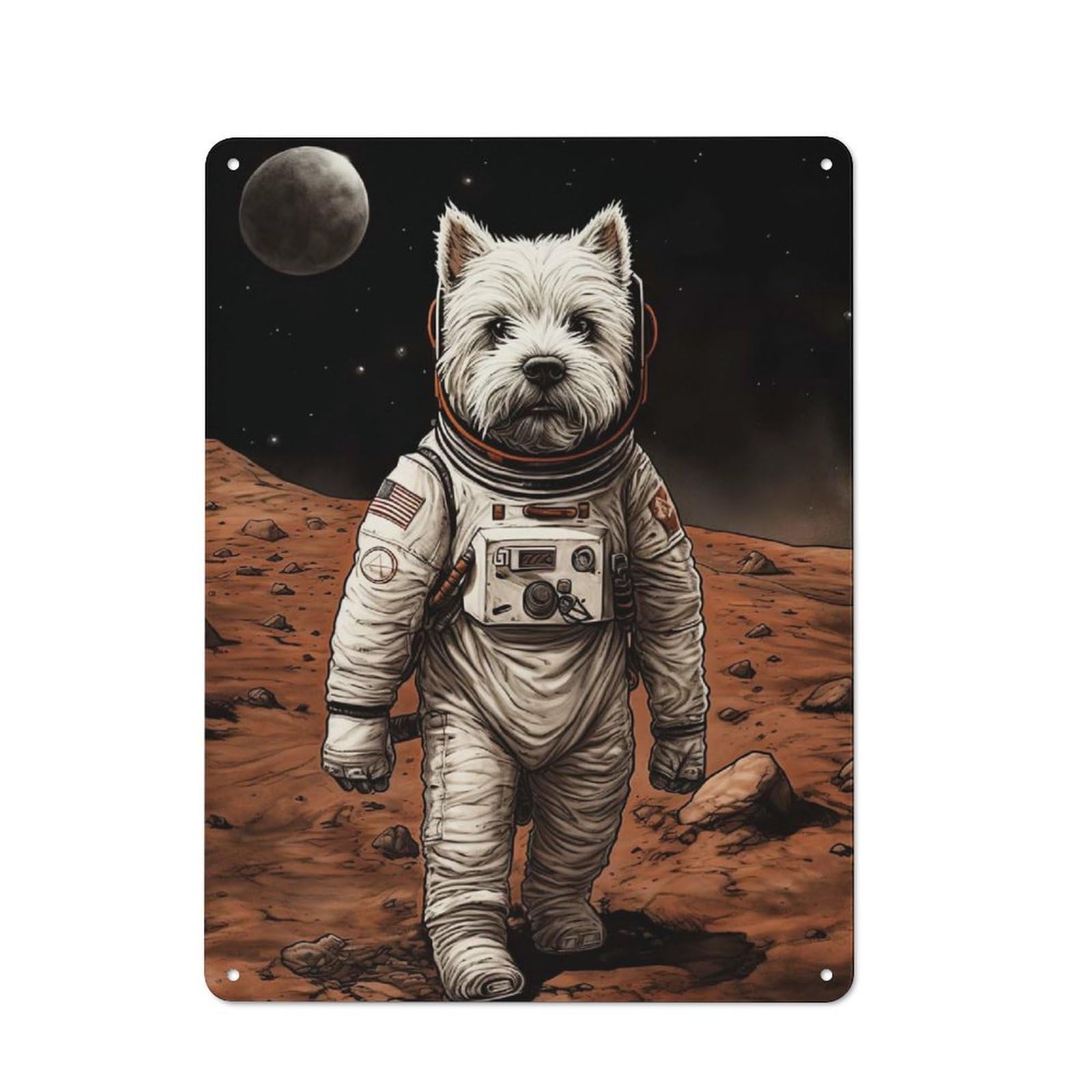 Junmoney Style-22 Westie Astronaut On Mars Rustic Metal Wall Sign 40X30cm For Kitchen Or Home Bar, For Garage, Workshop And Man Cave Decoration