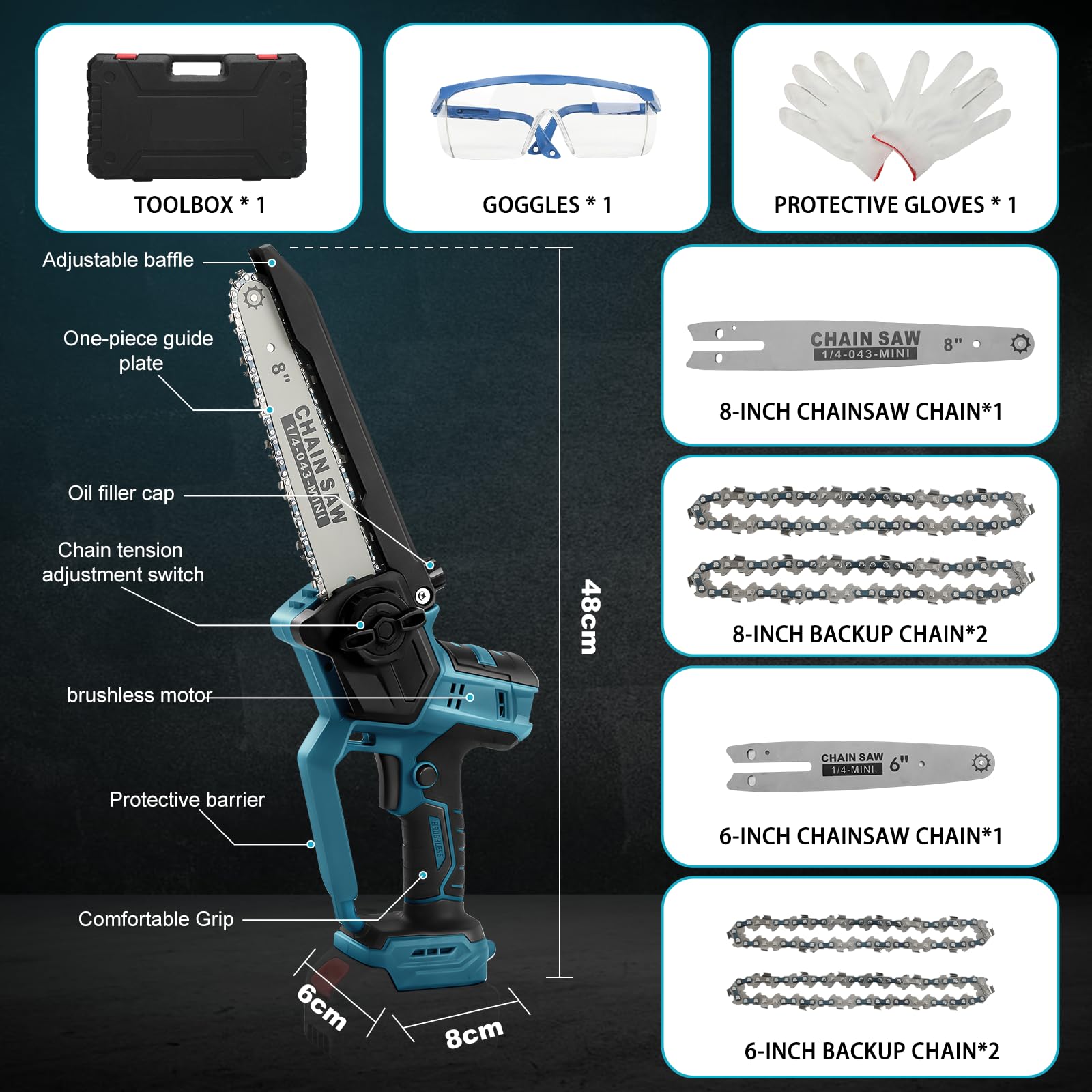 Motosierra Inalámbrica 8 y 6 Pulgadas para Makita 18V (sin Batería) | Mini Motosierra sin Escobillas, Lubricación Automática de Cadena, 2 Placas, 4 Cadenas, Guantes, Gafas y Maletín