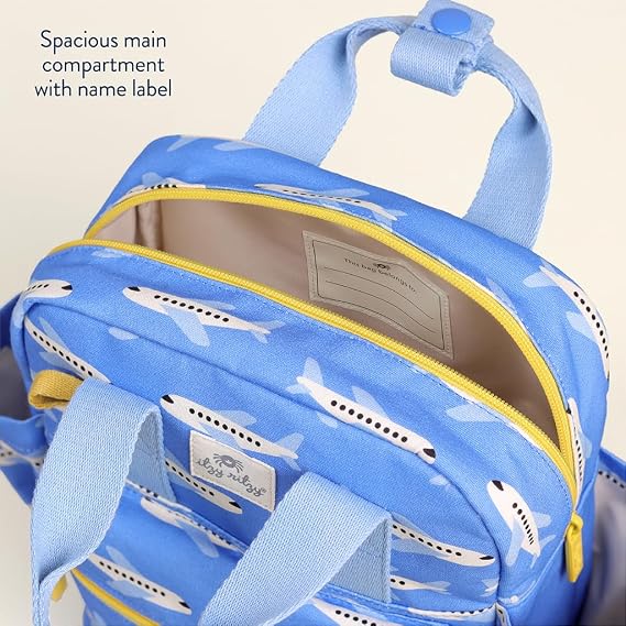 Itzy Ritzy Toddler Backpack, Daycare Bag w/Spacious Interior (Airplane) | Adjustable Straps, Wipeable Lining, 2 Side Pockets, Front Zipper, Name Label - Keeps Essentials Organized for Daily Travel