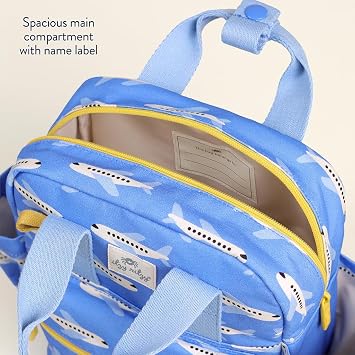 Itzy Ritzy Toddler Backpack, Daycare Bag w/Spacious Interior (Airplane) | Adjustable Straps, Wipeable Lining, 2 Side Pockets, Front Zipper, Name Label - Keeps Essentials Organized for Daily Travel