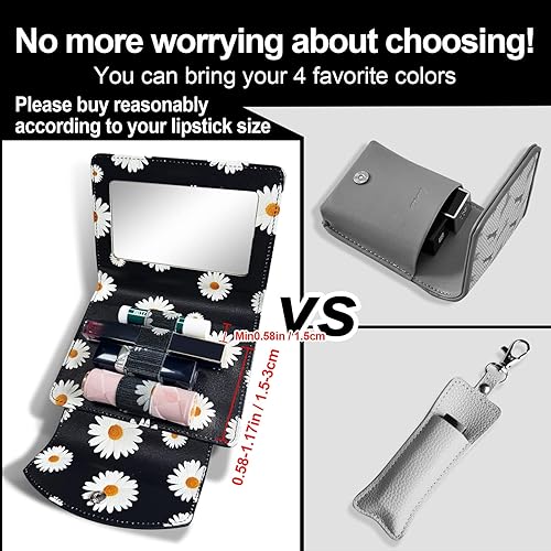 Miniatura 4 de LAOTANGJIA Estuche para lápiz labial de PU con espejo, con capacidad para 4 lápices labiales largos, organizador de lápices labiales, bolsa de