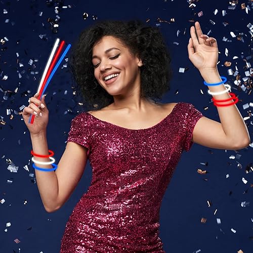 Vista 17 de 150 varillas azules brillantes con conectores a granel de 8 pulgadas, pulseras y collares que brillan en la oscuridad, suministros de fiesta de neón