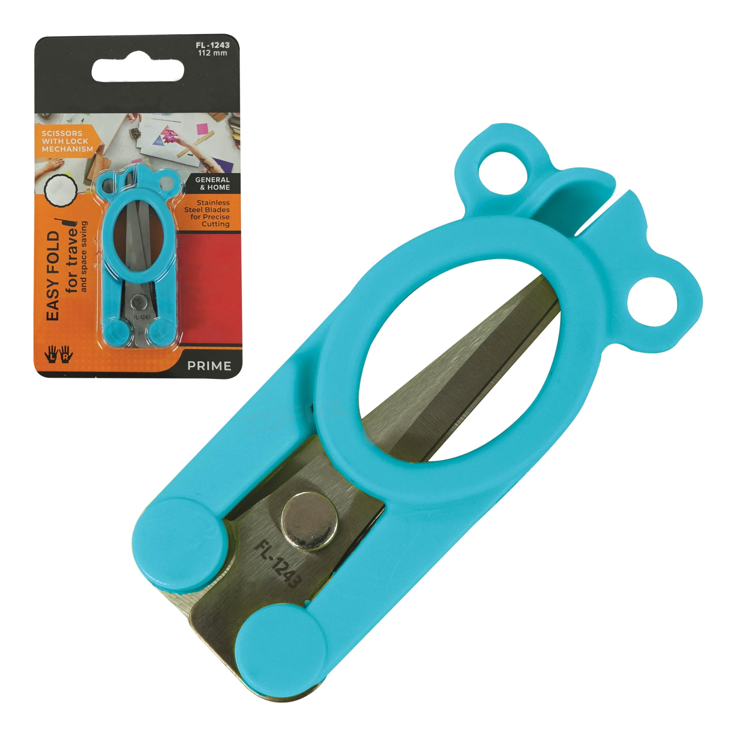 ZFL1243 Folding Scissors, 112mm Blue Body, Lock Mechanism, Compact Travel Design, Stainless Steel Blades for Precise Cutting, Left-Right Handed, Home Office General Use, iZOFAX