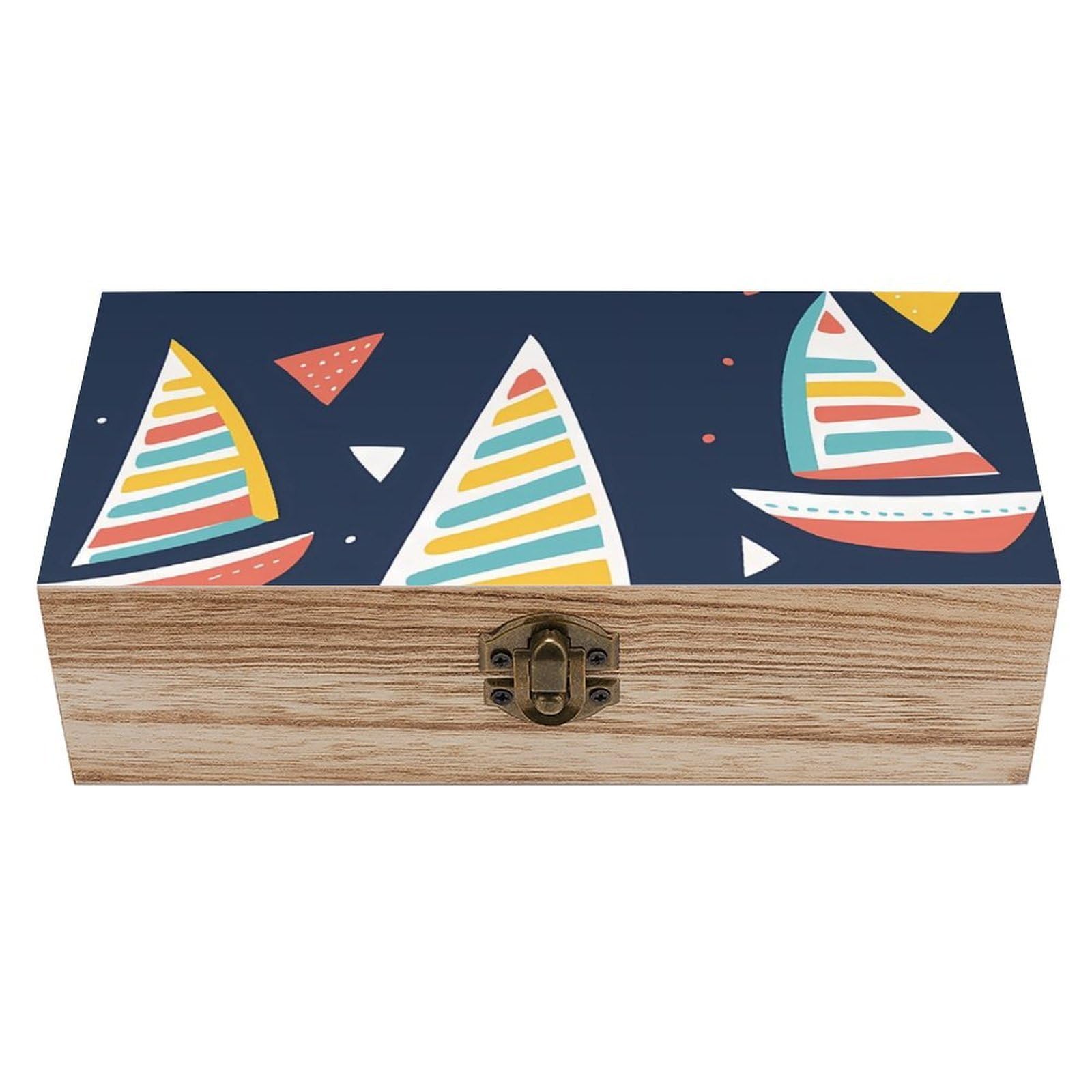 HLBSDM Vibrant Colorful Sailboats Retro Wooden Storage Box Jewelry Art Gift Boxs Decorative Keepsake Boxes