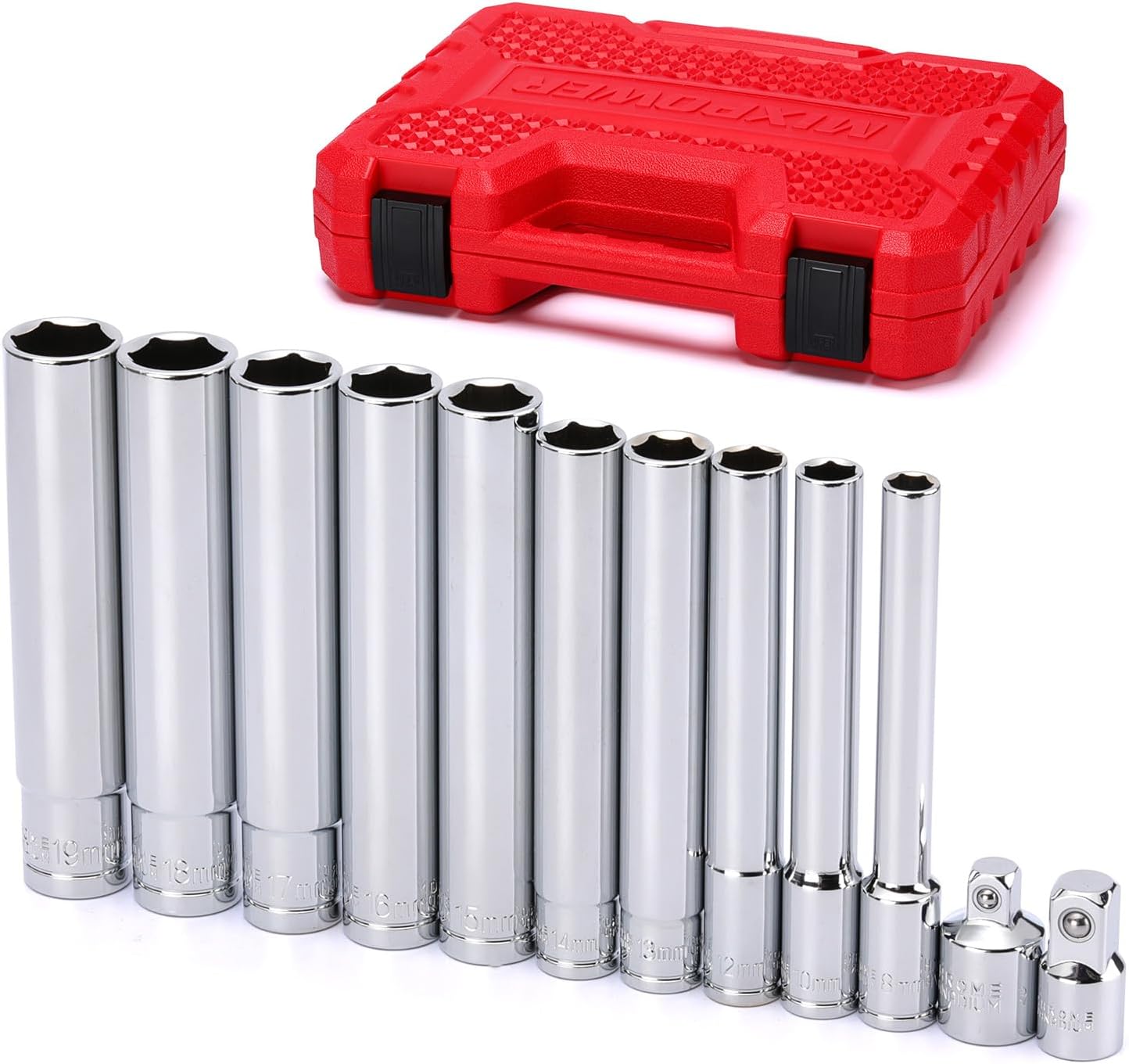MIXPOWER 12 Pieces 3/8"&1/2" Drive Extra Deep Metric Socket Set,6 Point,8-10-12-13-14-15-16-17-18-19mm with 1/2"&3/8" Adapter,120mm Deep CR-V Socket for Automotive and Industrial Applications