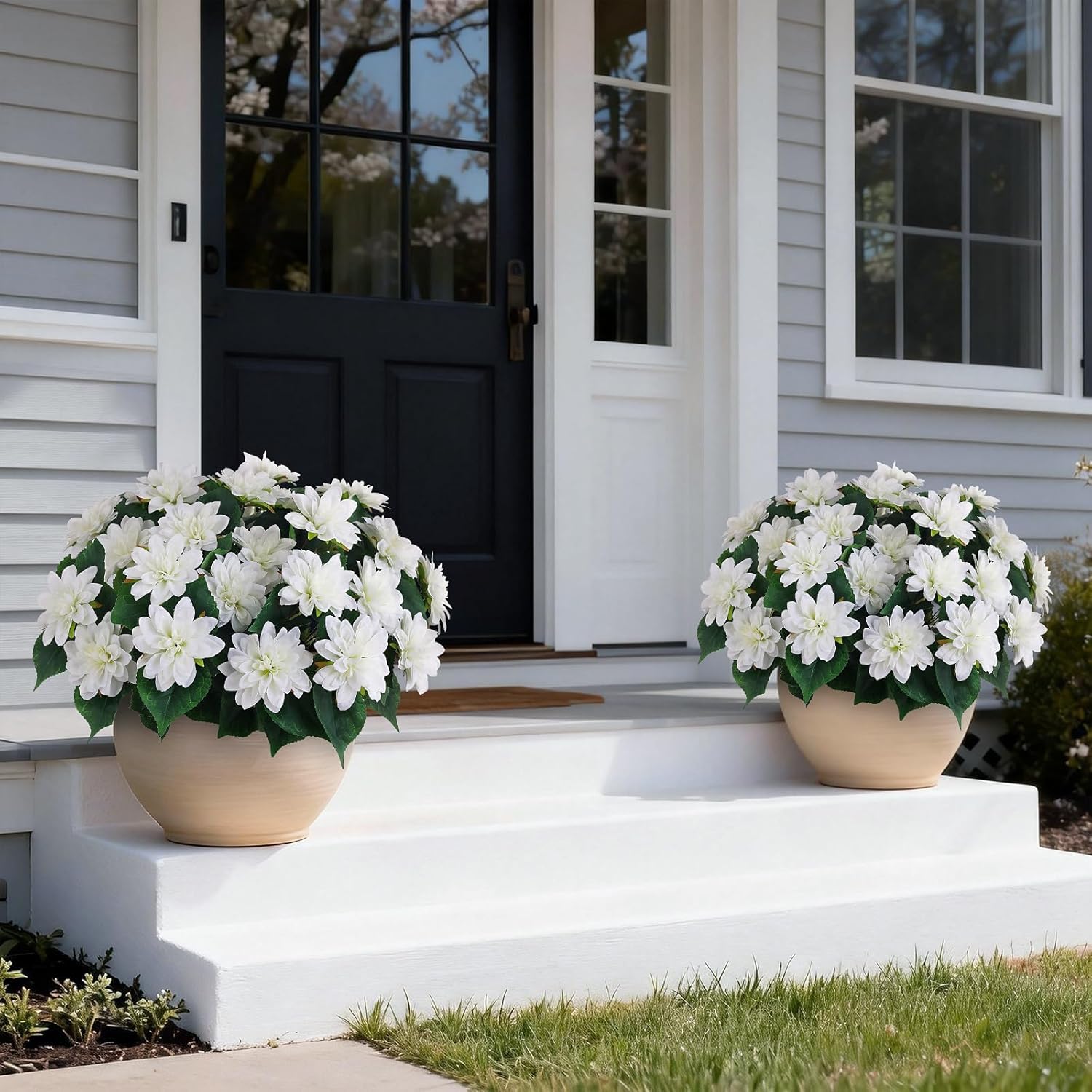 2 Set of Artificial Dahlia Topiary Ball Trees - Fake Silk Dahlia Flower Bushes, UV Resistant Faux Floral Shrub Potted for Front Door Porch Farmhouse Wedding Outdoor Decor (White)