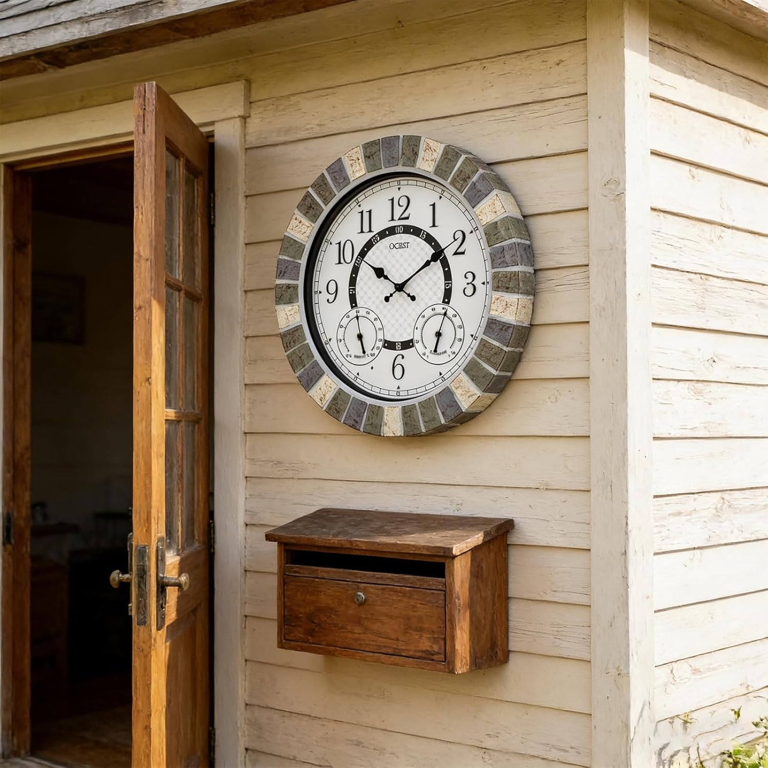 OCEST 18 Inch Outdoor Wall Clock with Night Light, Waterproof Thermometer & Hygrometer Combo, Battery Operated Silent Non-Ticking Large Patio Clock for Garden, Pool, Porch (Rustic Gray)