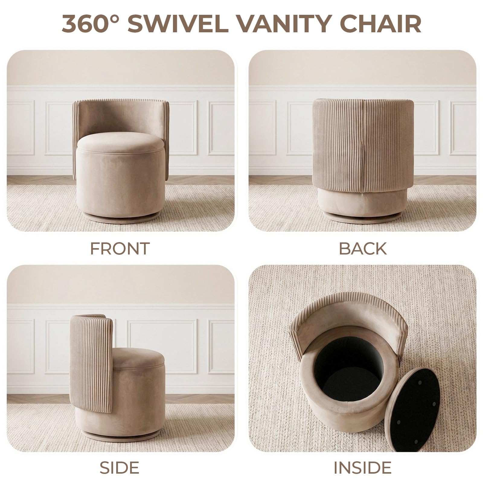 Clevich Velvet Vanity Chair with Storage, 360° Swivel Dressing Table Stool, Brown, 46 x 46 x 64 cm - Image 5