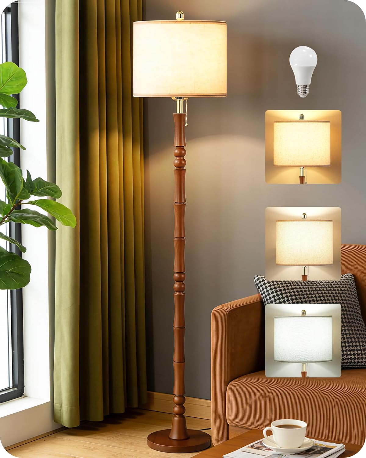 65" Solid Wood Floor Lamps for Living Room with Adjustable Color Temperatures, Farmhouse Floor Lamp with Pull Chain Switch, Tall Standing Lamp for Bedroom, Dining Room, Rustic Brown VE26LD05