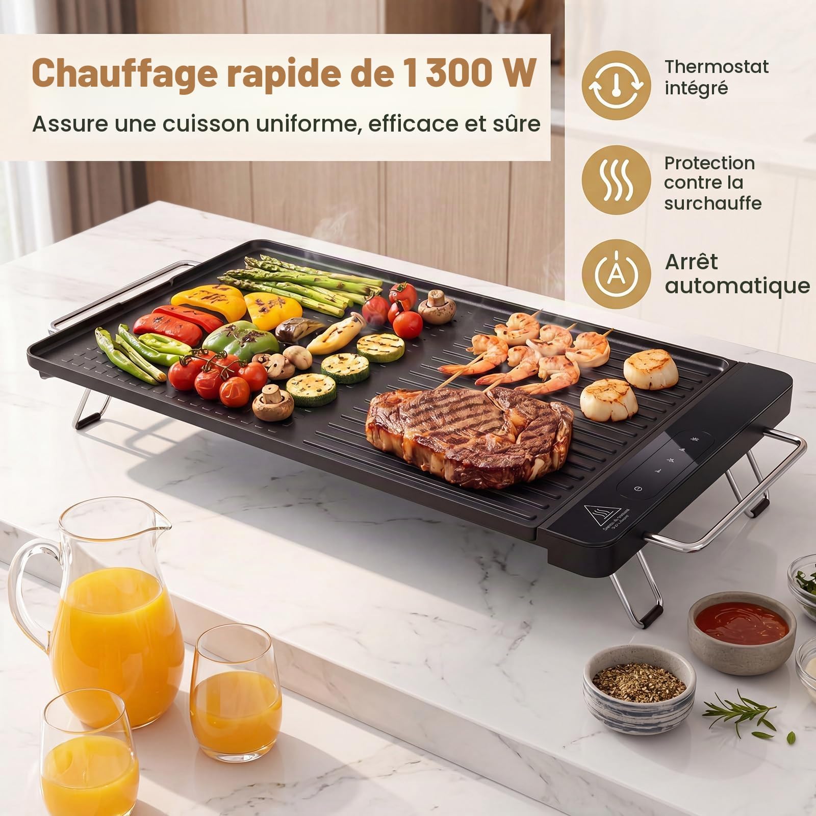 LIFEZEAL Plancha Électrique Fine 1300W à Poignées&Pieds Pliables