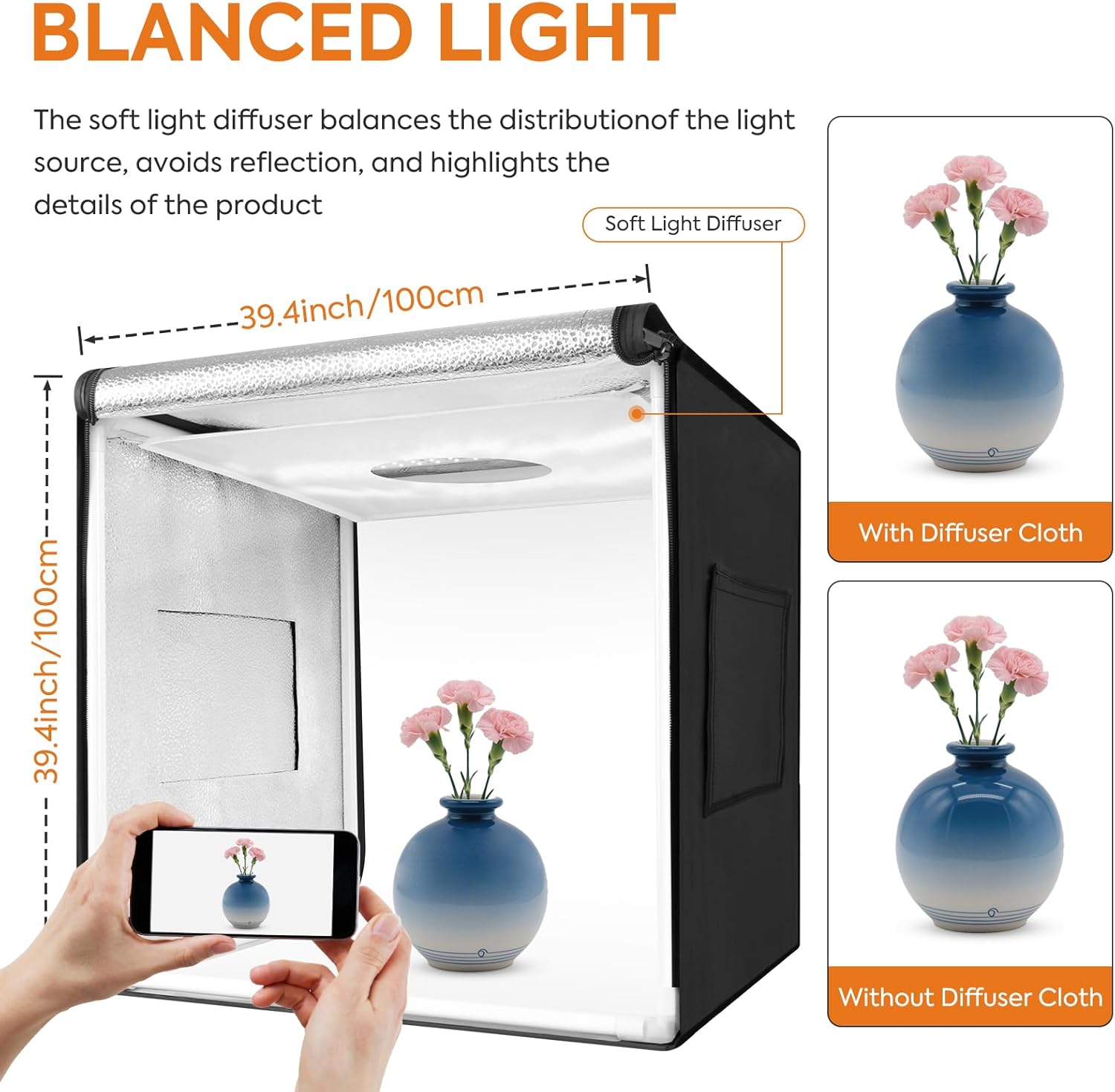 Bi-Color LED Photo Light Box 40x40 inch, Dimmable LEDs Product Photography Lighting Tent with High CRI>98, 3 Colors Backdrops for Large Products Portraits Fashion Clothing Shoes