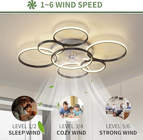 Miniatura 4 de Ventilador de techo moderno de 41 pulgadas con luces, ventilador de techo de montaje al ras con luz tricolor y viento de 6 velocidades, ventiladores