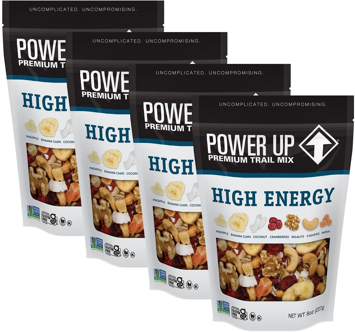 Power Up High Energy Trail Mix By Gourmet Nut, Walnuts, Banana Chips, Cashews, Coconut, Cranberries & Papaya Mix - Keto & Paleo Friendly Snacks - Non GMO Vegan Gluten Free Kosher, 8oz Bags, Pack of 4
