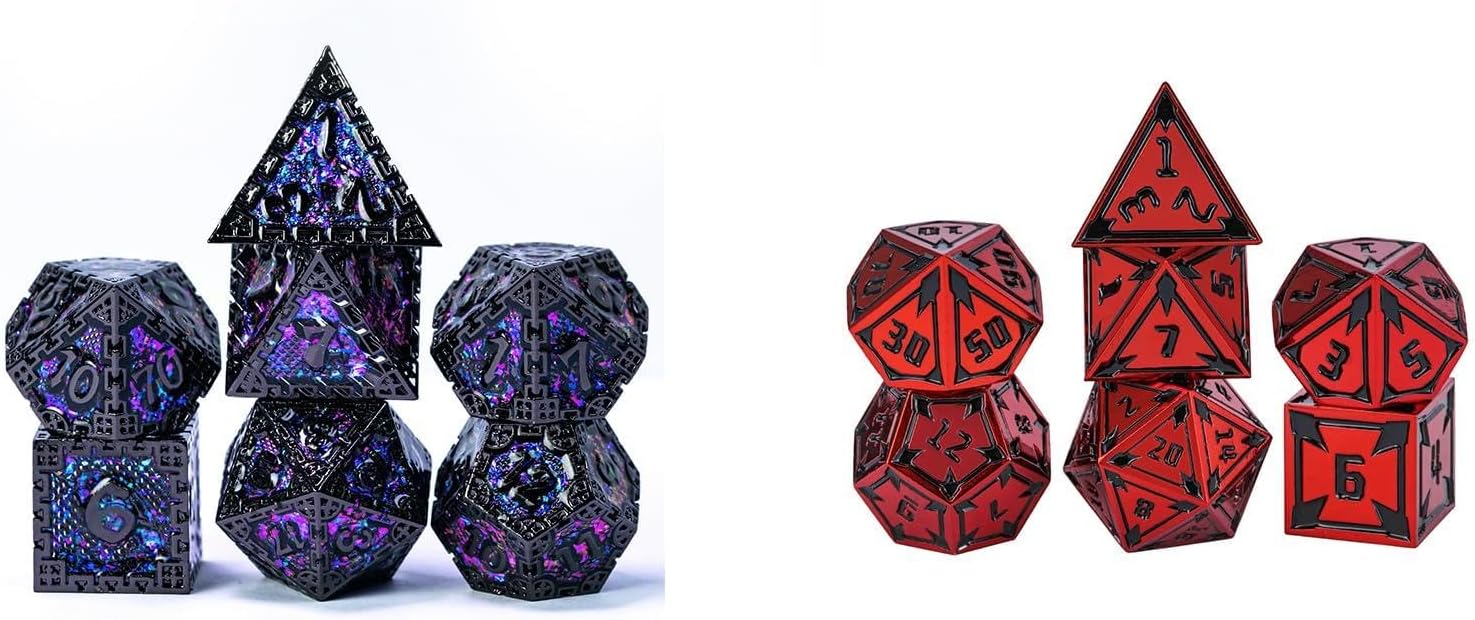 UDIXI DND Dice Set Combo, Purple Sequins Metal Dice and Red Metal Dice