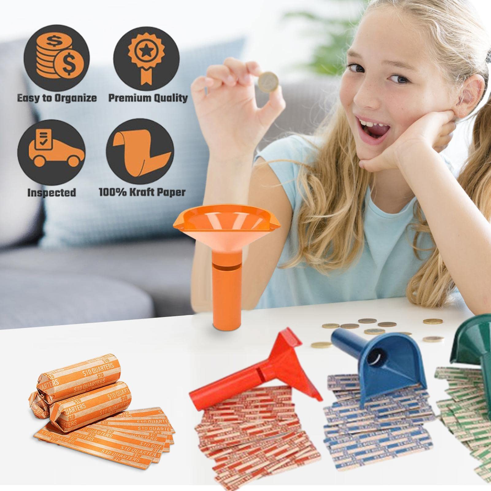 Easy Wrap Tubos para Monedas - Contador y Envoltorios para Rollos Monedas - 4 Tubos y Envolturas Surtidas para Níquel, Diez Centavos, Centavos, Cuarto