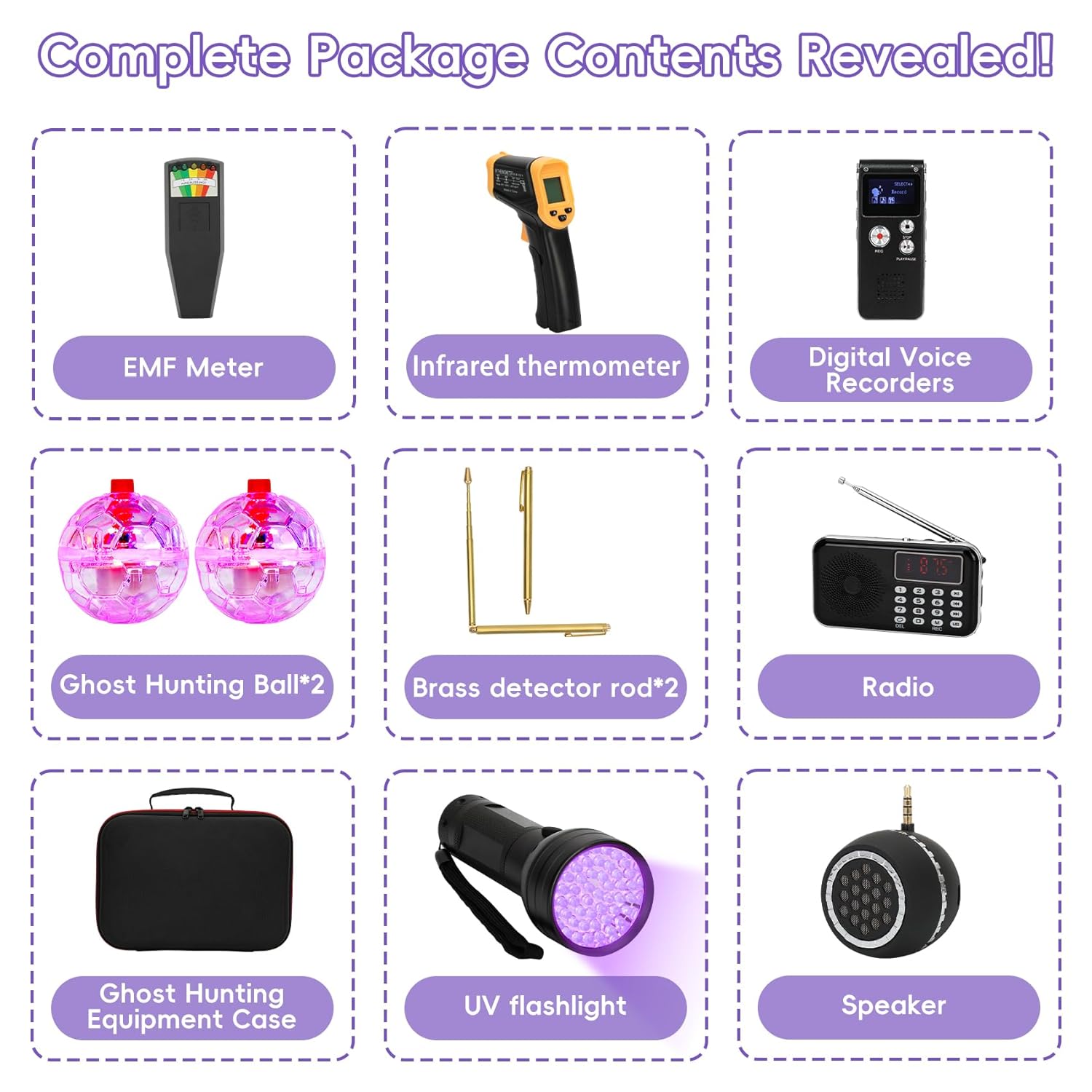 11 Pcs Ghost Hunting Kit with 1 EMF Meter,1 EVP Recorder, 1 Spirit Box,1 Speaker,1 Infrared Thermometer,1 UV Light,2 Brass Detection Rods,2 LED Light up Cat Balls & 1 Carrying Case