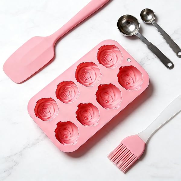 Moldes de chocolate de silicona con forma de rosa para hornear, molde de goma y caramelo para fondant de chocolate con flor de rosa de 6 cavidades, antiadherente, reutilizable para cubitos de hielo - 4