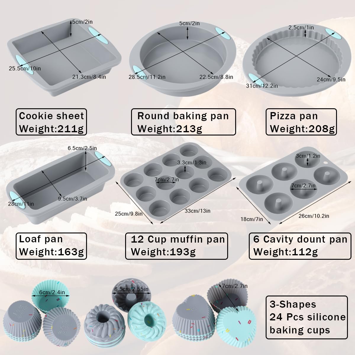 30 Piece Silicone Bakeware Set, Non-Stick Kitchen Oven Baking Pans, Silicone Cake Molds with Muffin Pan, Round Cake Pan, Donut Pan, Square Cake Pan, Loaf Pan, Pizza Pan and 24 pcs Baking Cups (Grey)