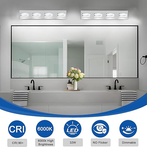 Vista 5 de IZORRO LED Modern Bathroom Lights Fixtures(4-Light,Dimmable),Chrome Acrylic Wall Lighting,Vanity Lights for Bathroom Over Mirror - 6000k 24In （No