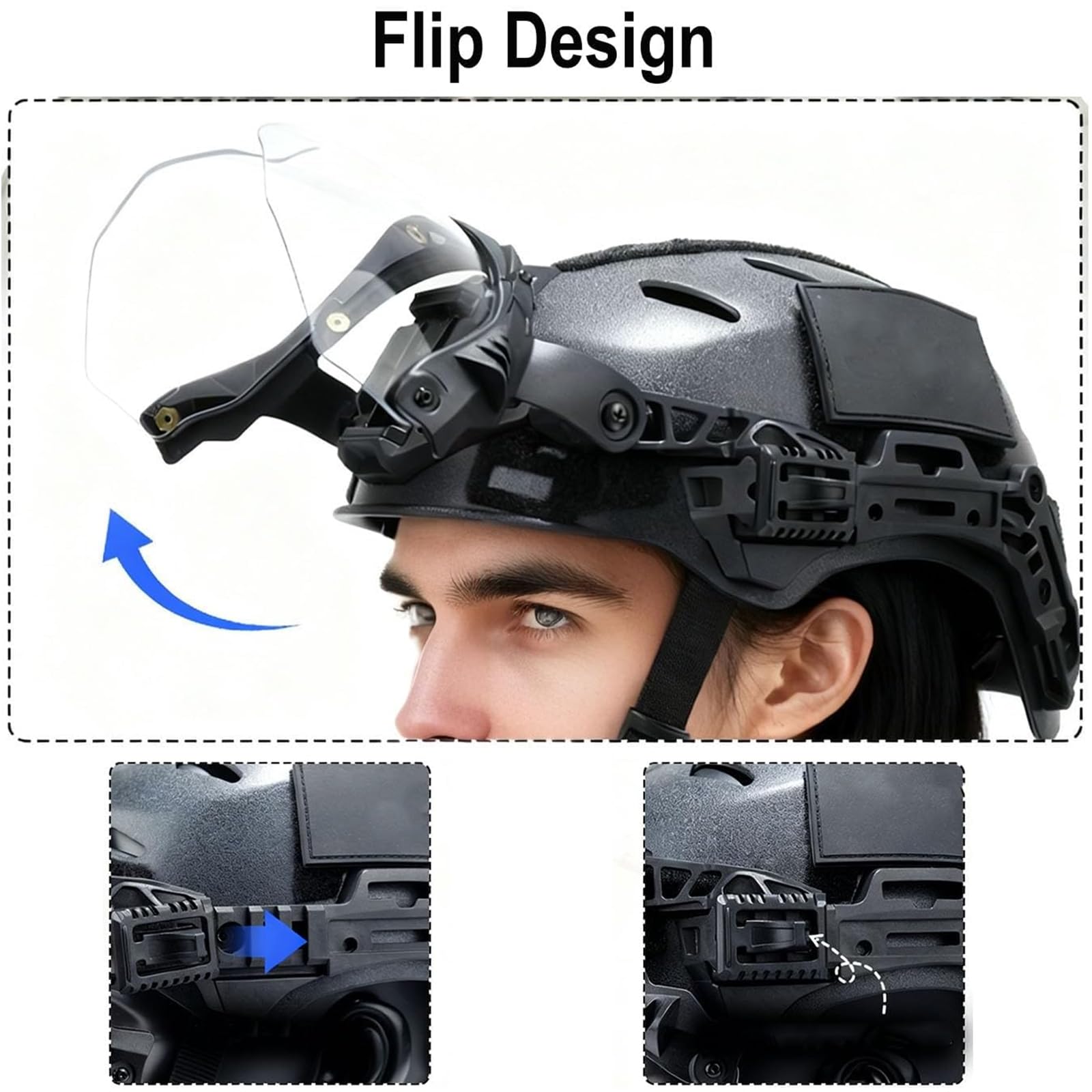 Casque tactique avec lunettes pliables externes pour rail 3.0, tir, angle réglable visière pliable, pour randonnée, CS, airsoft, paintball, équipement de protection