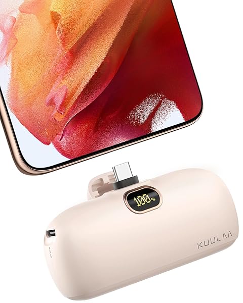 Kuulaa Portable Charger USB C with Built-in USB-C Plug, 5000mAh PD20W Fast Charging Power Bank, LCD Digital Display Battery Pack for iPhone 15/16,Samsung S22/S23 & Android (Pink)