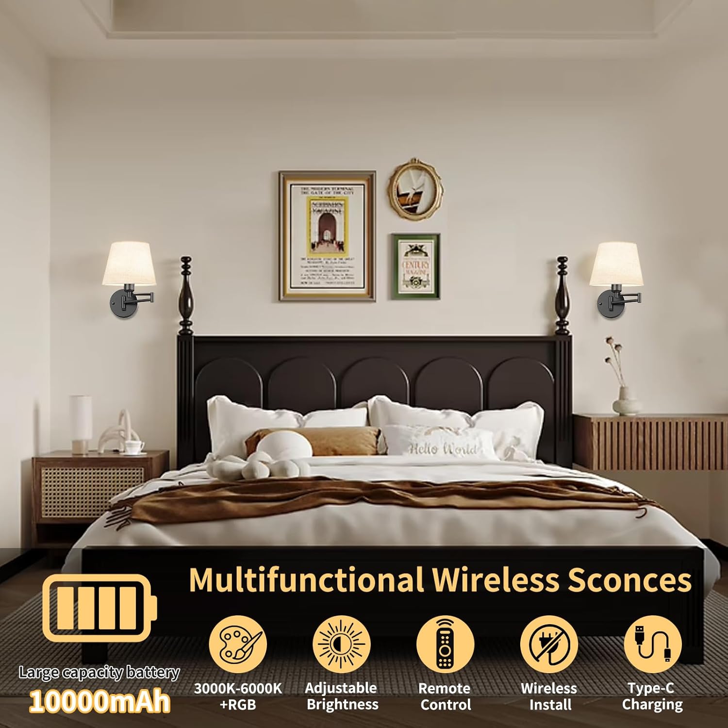 Battery Operated Wall Sconces Set of Two, Wireless Black Wall Lights with 10000mAh RGB Rechargeable Bulb and Remote Control, Sconces Wall Decor for Bedroom Living Room 9.5 in