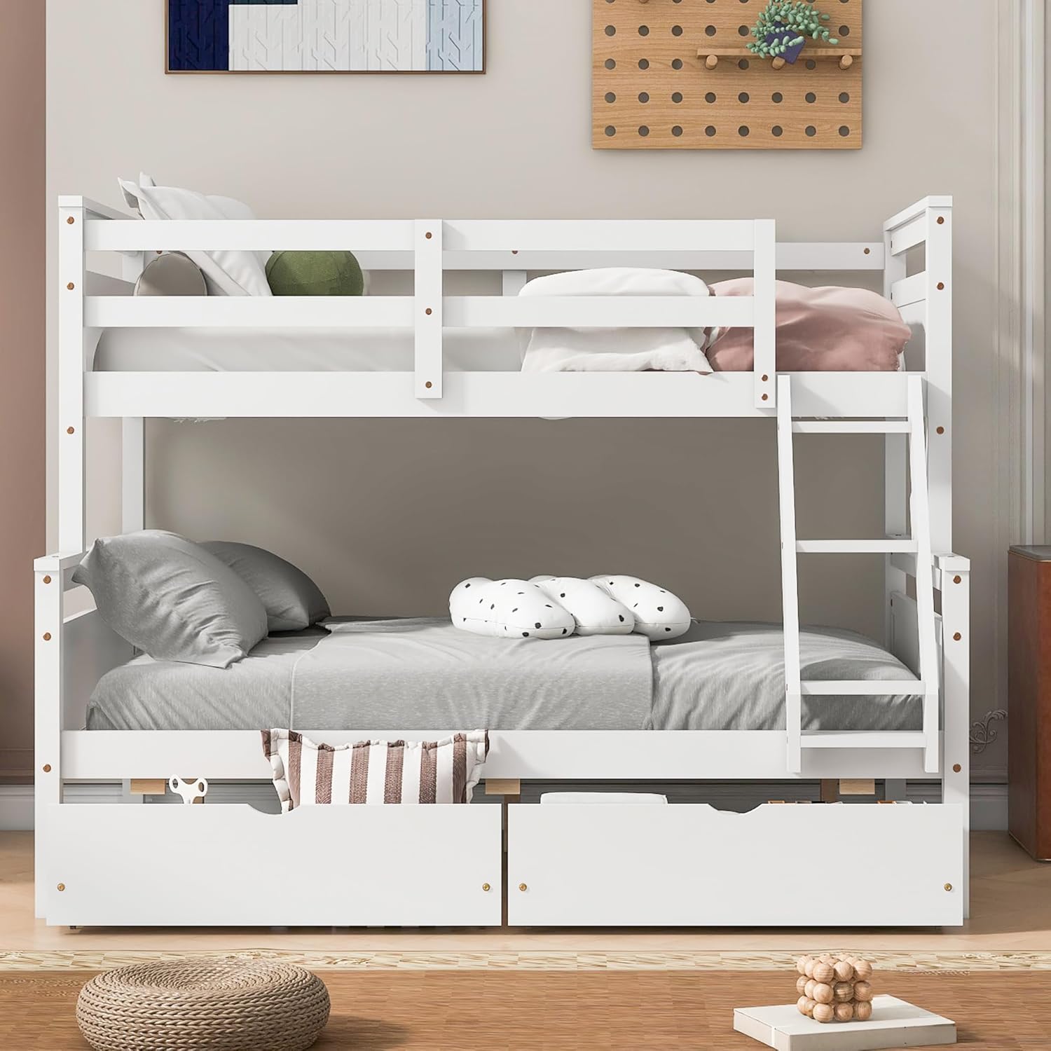 Twin Over Full Bunk Bed, Modern Pine Wood Bed Frame with Storage Drawers, Safety Guardrail and Ladder, 2-1 Convertible Bed for Bedroom Guest Room Apartment, Space Saving, No Box Spring Needed, White