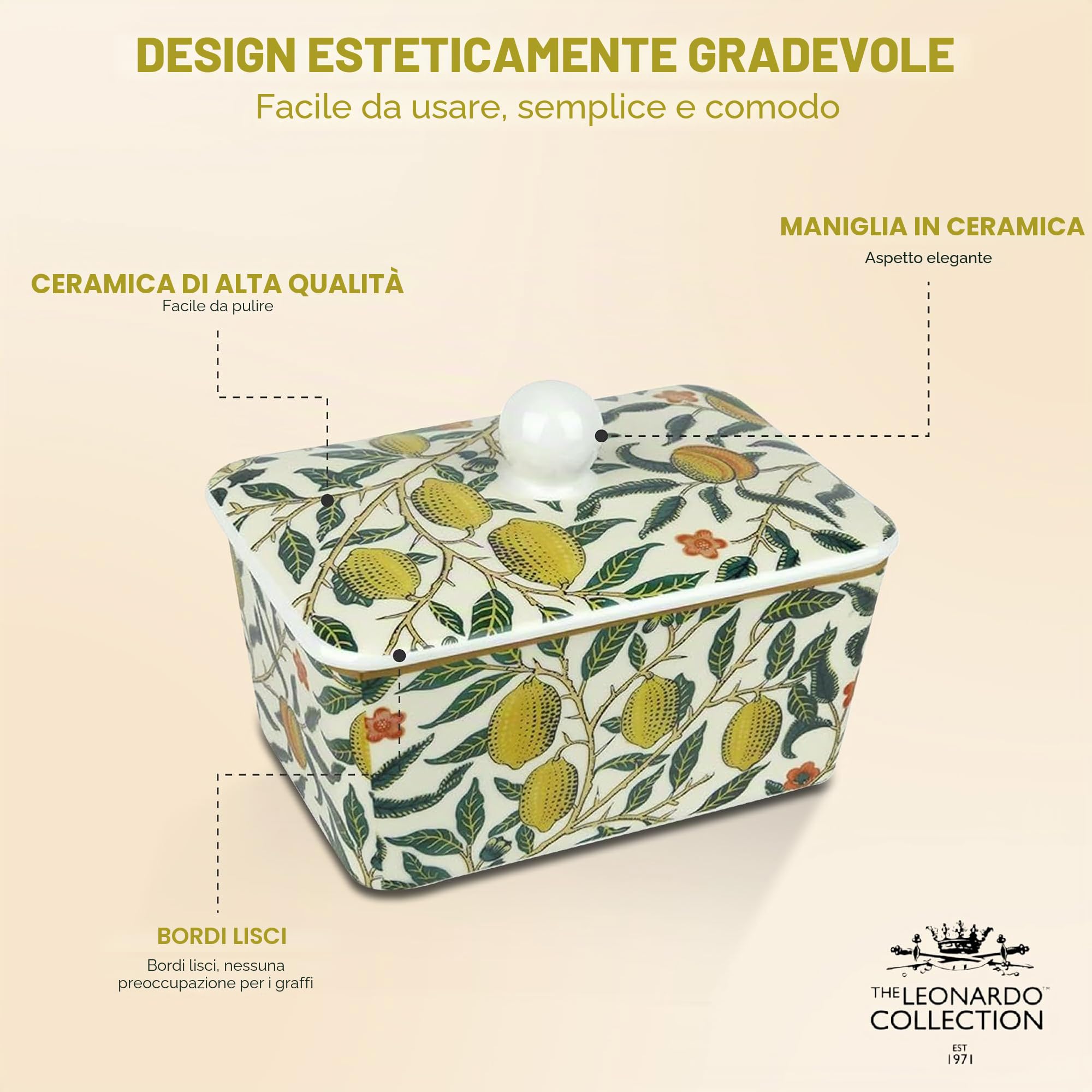 The Leonardo Collection William Morris, burriera alla frutta, elegante burriera in ceramica con design iconico di frutta, perfetto per tavolo da pranzo o cucina, senza tempo e funzionale