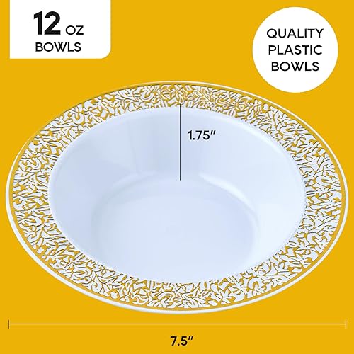 Miniatura 5 de JOLLY PARTY 60 cuencos desechables de plástico dorados para postre, cuencos de sopa de 12 onzas, adornos de encaje de Navidad y Acción de Gracias,