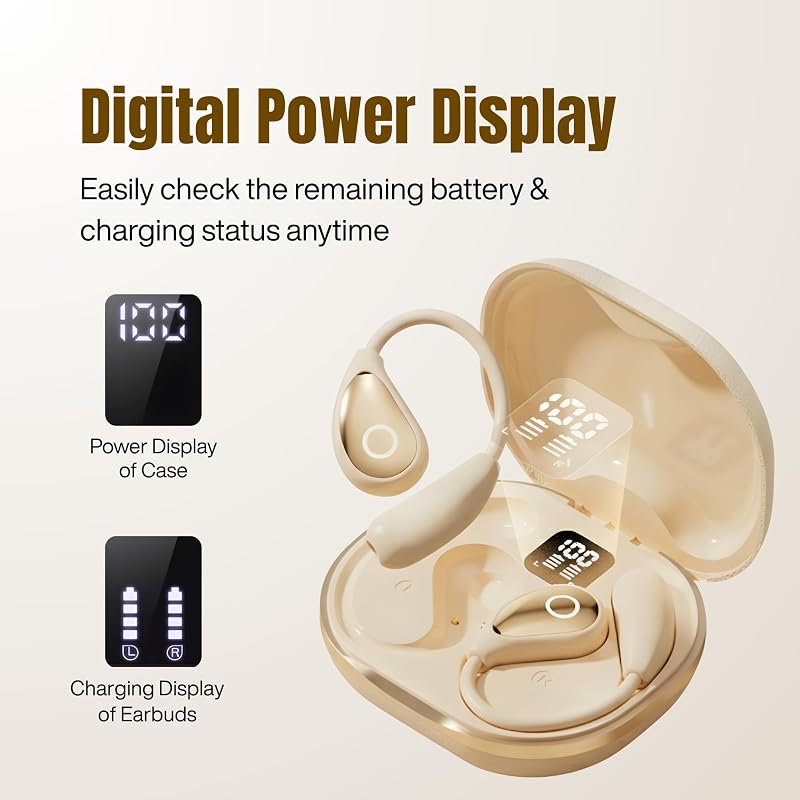 HC Honey Coco Wireless Earbuds with Ear Hooks, Over Ear Bluetooth Earbuds, Secure Fit, 60H Playtime, LED Display, IPX5 Waterproof (Beige) image 2