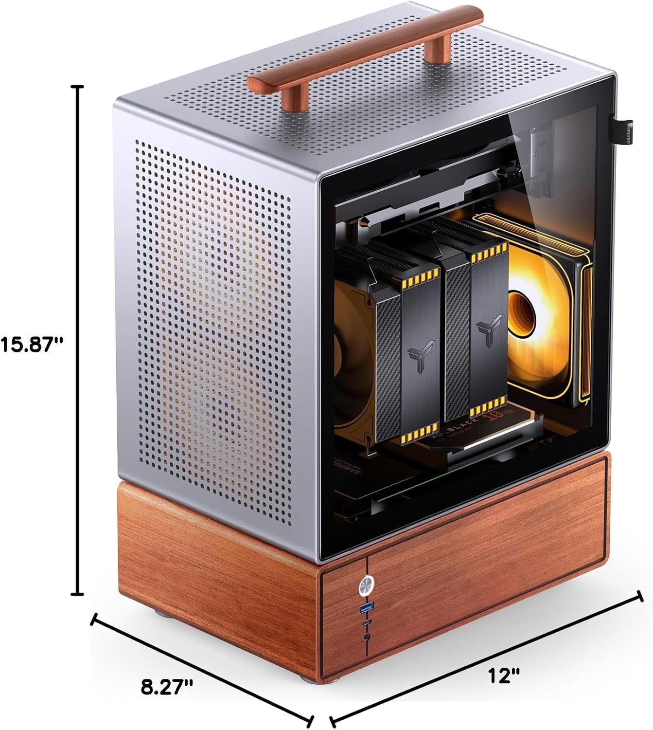 JONSBO T7 Silver Micro ATX PC Case, Aluminum Chassis, with Multifunctional Handle, Solid Wood Veneer Desktop Computer Case, MB:MicroATX/ITX,GPU 280mm,PSU ATX 220mm,Place on The Left Silver