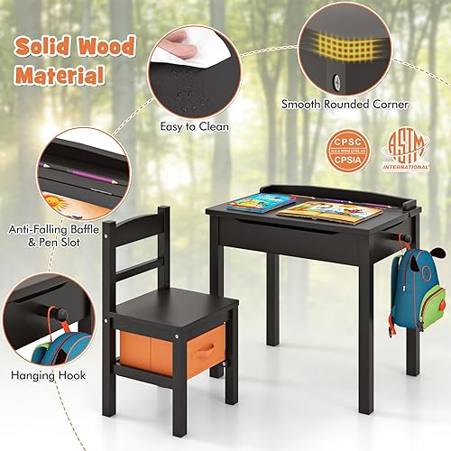 Miniatura 42 de HONEY JOY Juego de mesa y silla para niños, escritorio y silla de madera con cajón, soporte para rollo de papel y 2 rotuladores, juego de mesa de