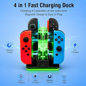 4 in 1 Charging Dock Compatible with Switch 2 Compatible with Switch 1 Compatible with Joy Con & JoyCons 2 Magnetic Fast Controller Charger Dock Station with RGB Light